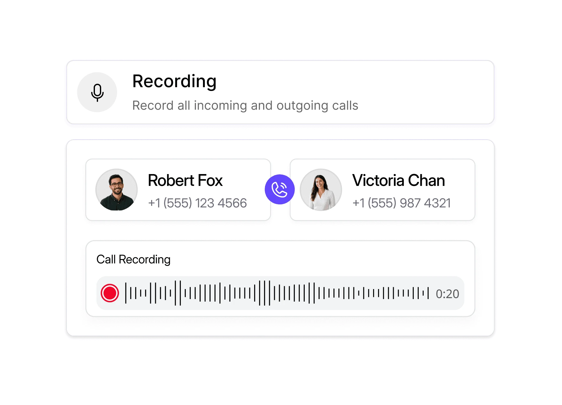 Dialbird advanced call recording showing a live business call with caller details and an active recording timeline.