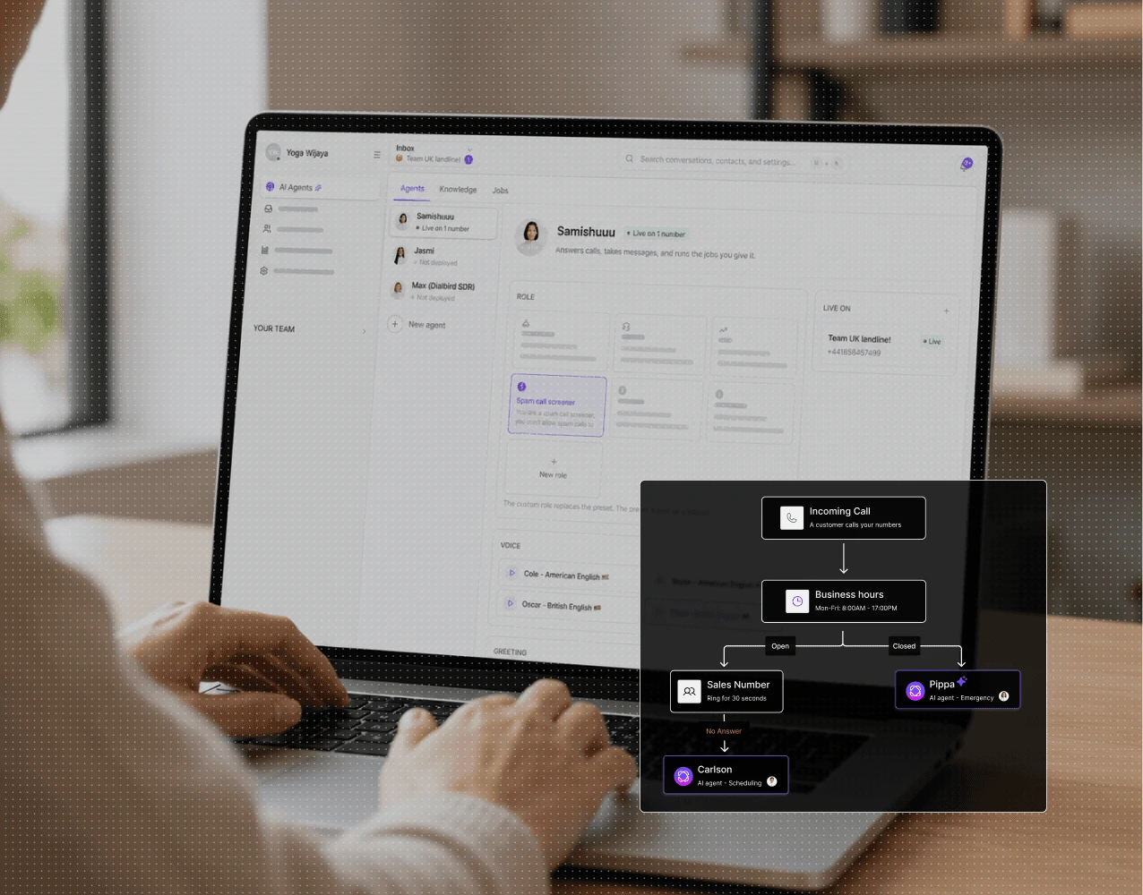 Dialbird AI phone agent answering a returned call and routing it through the call flow to the right teammate.