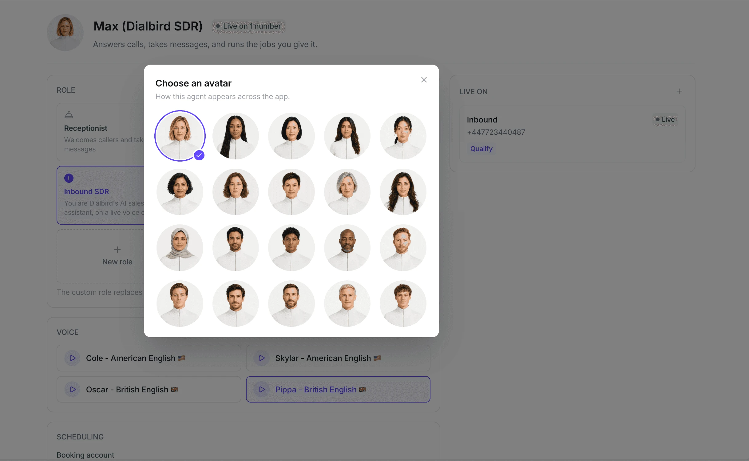 Dialbird AI agent setup showing avatar selection, custom roles, voice options, scheduling, and a live business number.
