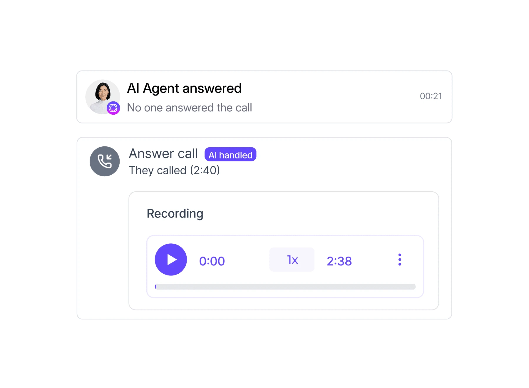 Dialbird AI Agent Builder showing an AI phone agent answering a live call and recording the conversation automatically.