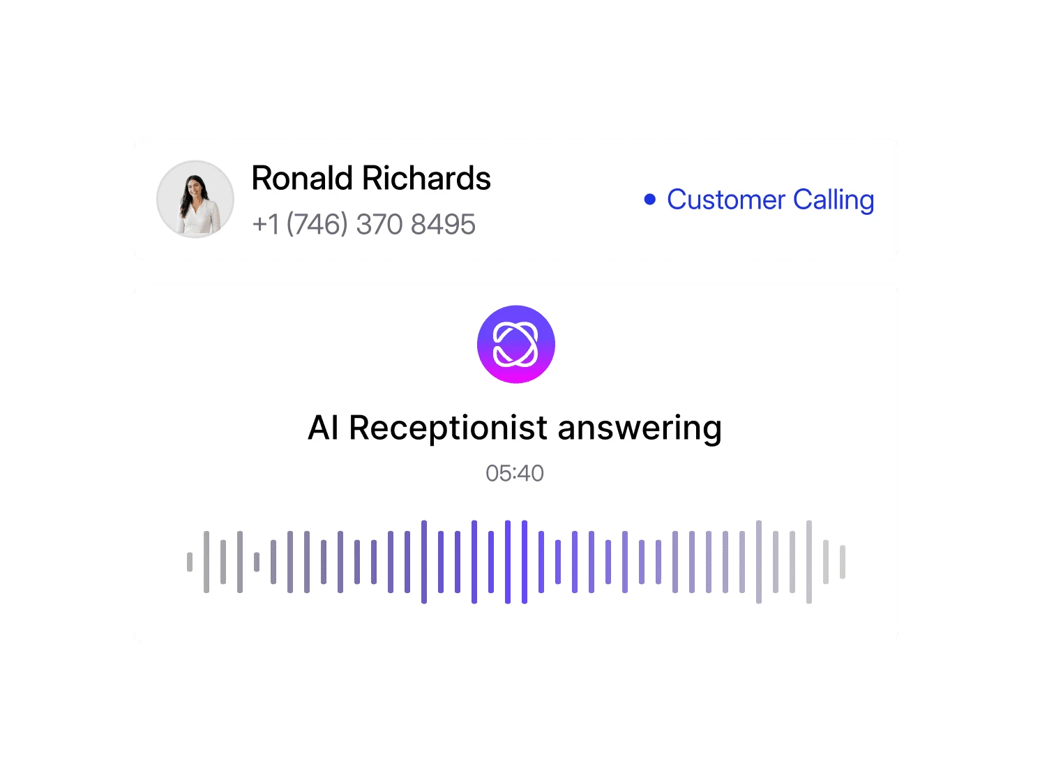 Dialbird AI receptionist answering an incoming customer call and handling the conversation automatically.