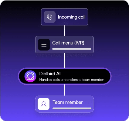 Call flow from incoming call to going through IVR or to Dialbird AI agent depending on conditions, and transferring to a team member where needed.