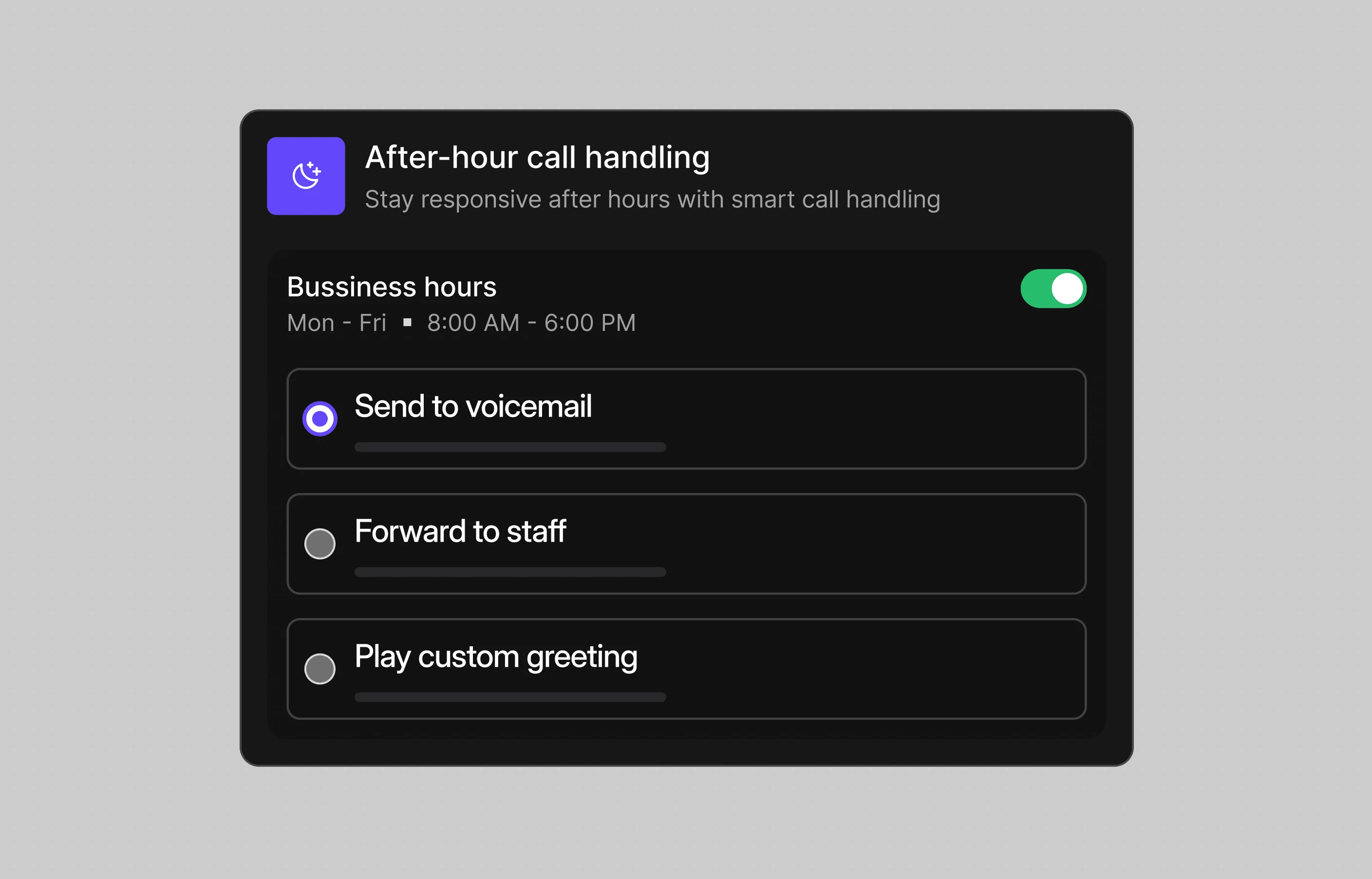 Dialbird after-hours call handling showing options to send calls to voicemail, forward them to staff, or play a custom greeting.