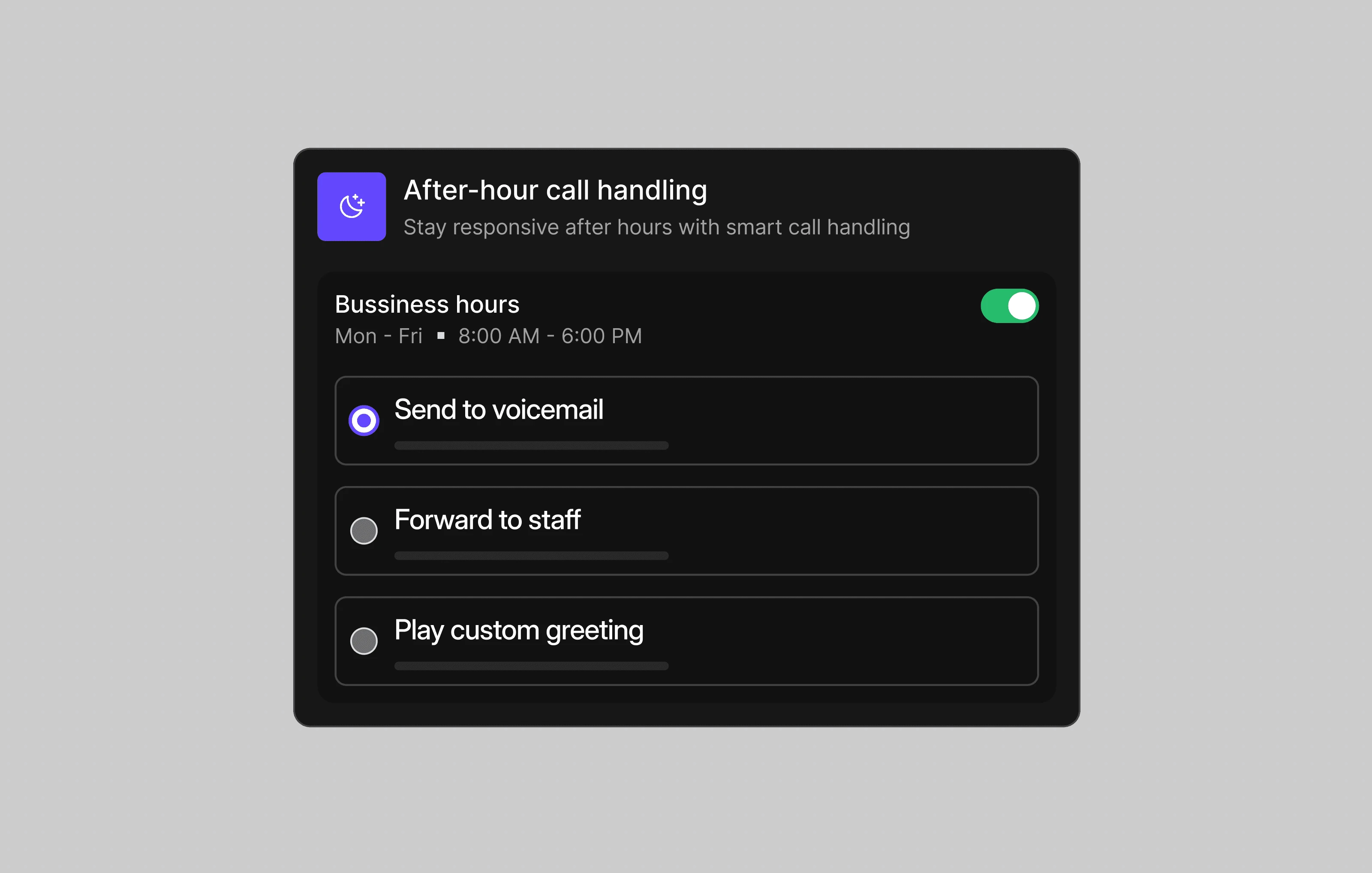 Dialbird after-hours call handling showing options to send legal callers to voicemail, forward urgent calls, or play a custom greeting.