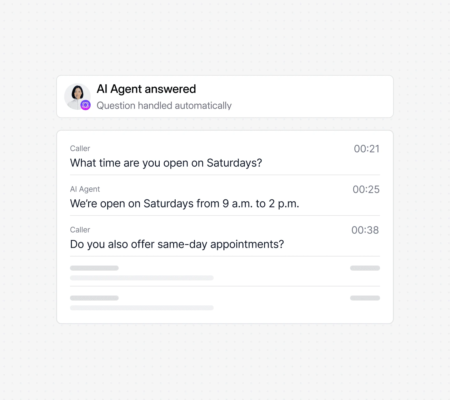 Dialbird AI answering customer questions about opening hours, services, availability, and appointment requirements.
