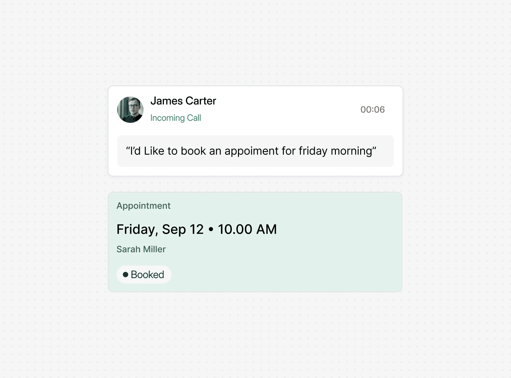 Dialbird AI finding a suitable appointment time and confirming the booking during the live call.