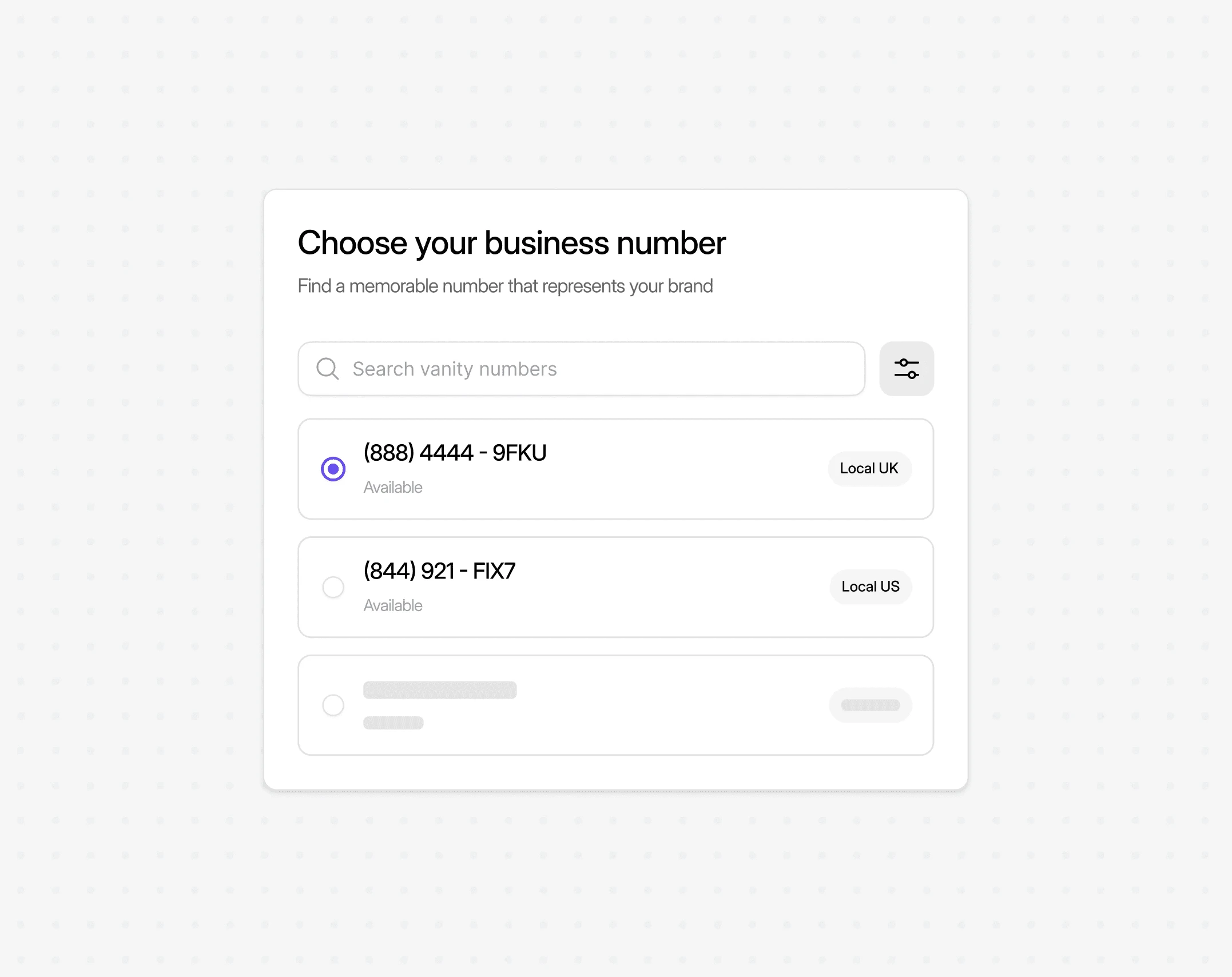 Dialbird vanity number selection showing memorable business phone numbers that match a brand, service, or campaign.