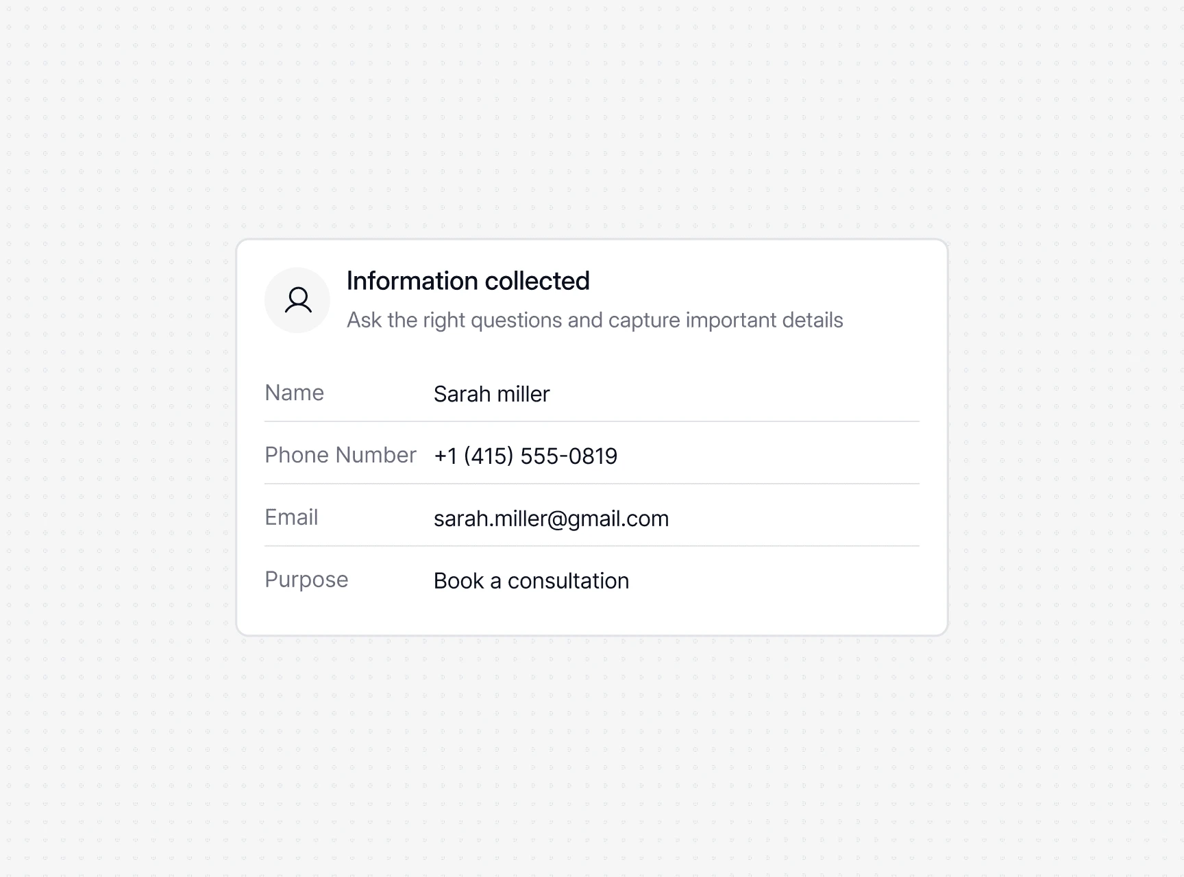 Dialbird AI collecting the caller’s name, phone number, email, and booking purpose during the call.