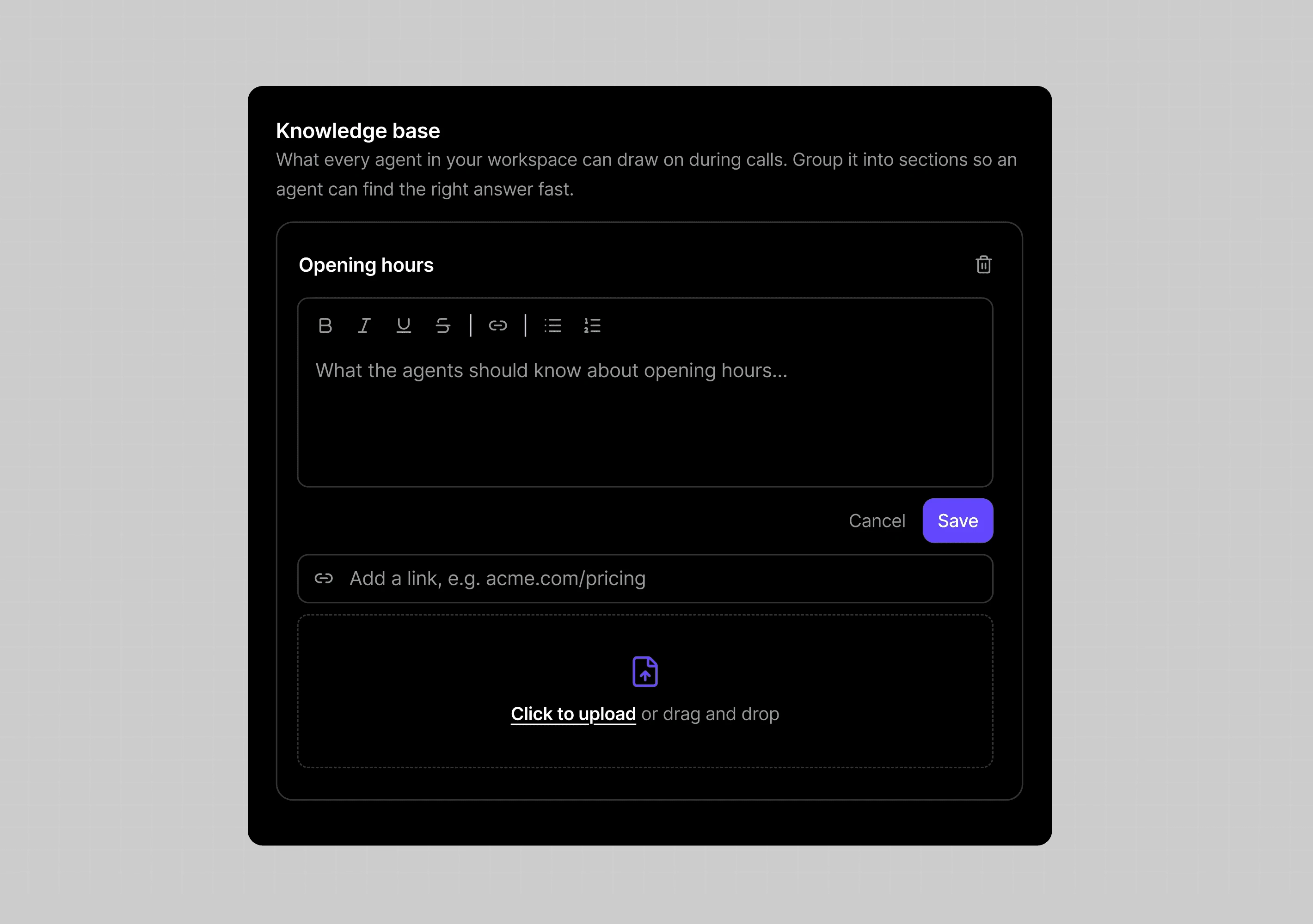 Dialbird AI knowledge base adding business hours, services, pricing, policies, links, and files for accurate caller responses.