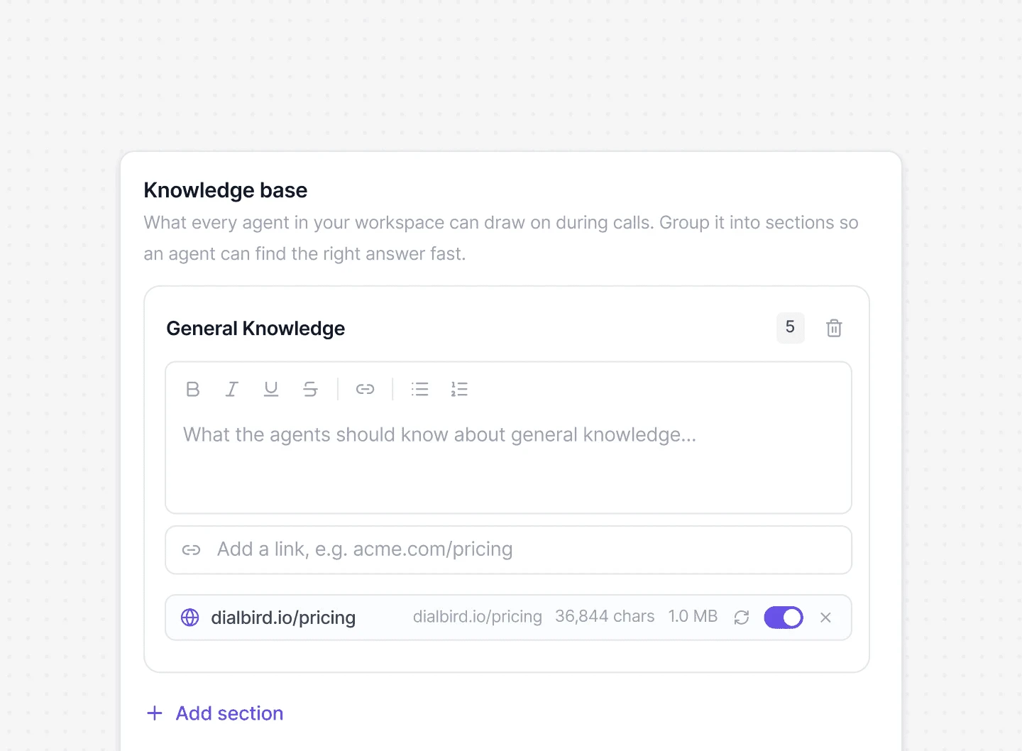 Dialbird AI Agent Builder adding company knowledge so the AI can answer customer questions using accurate business information.