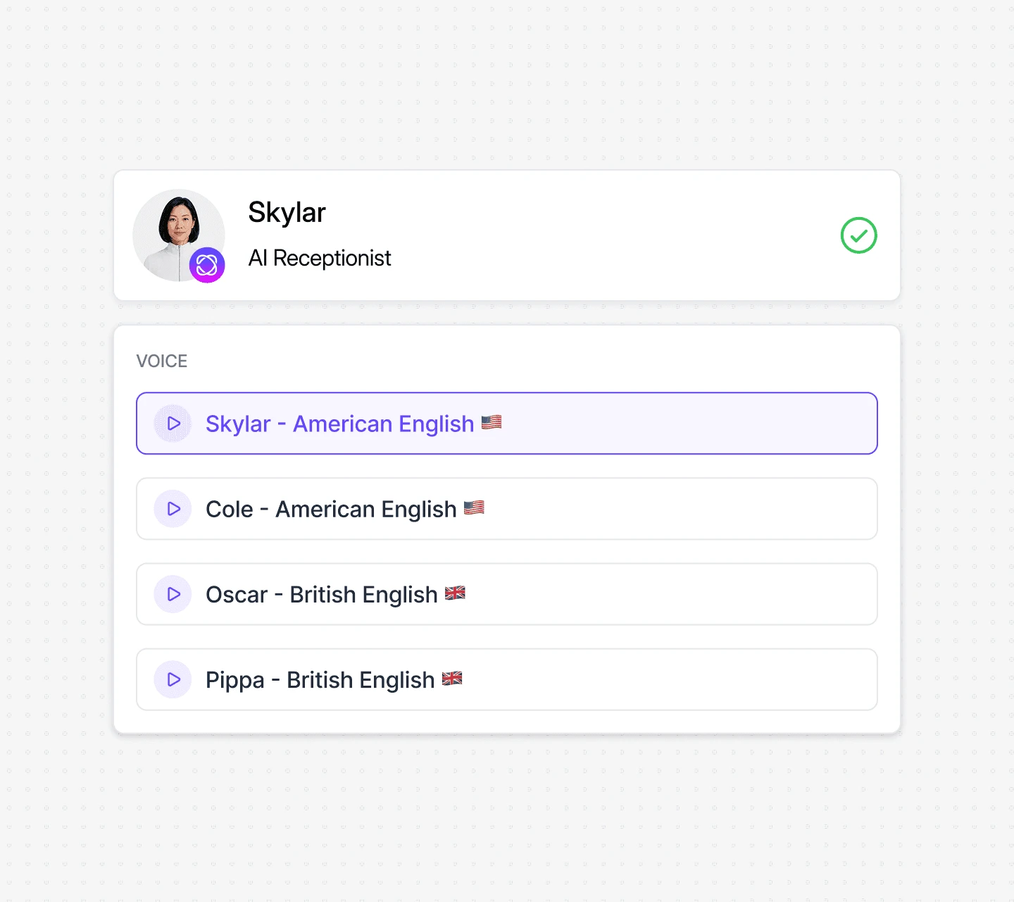Dialbird AI Agent Builder selecting the AI agent voice and personality for customer conversations.
