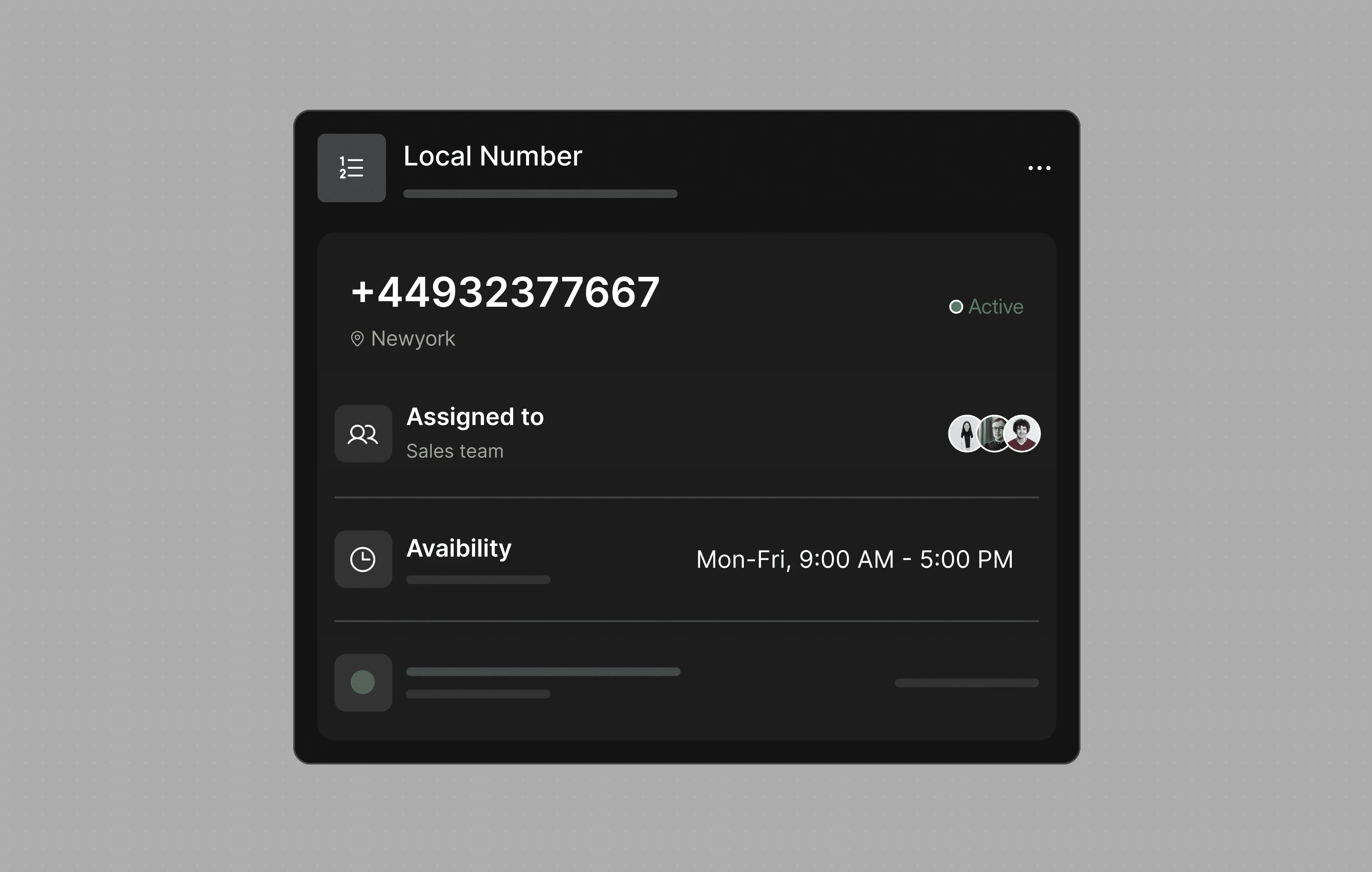 Dialbird local number showing an active business phone number assigned to a team with set availability and working hours.