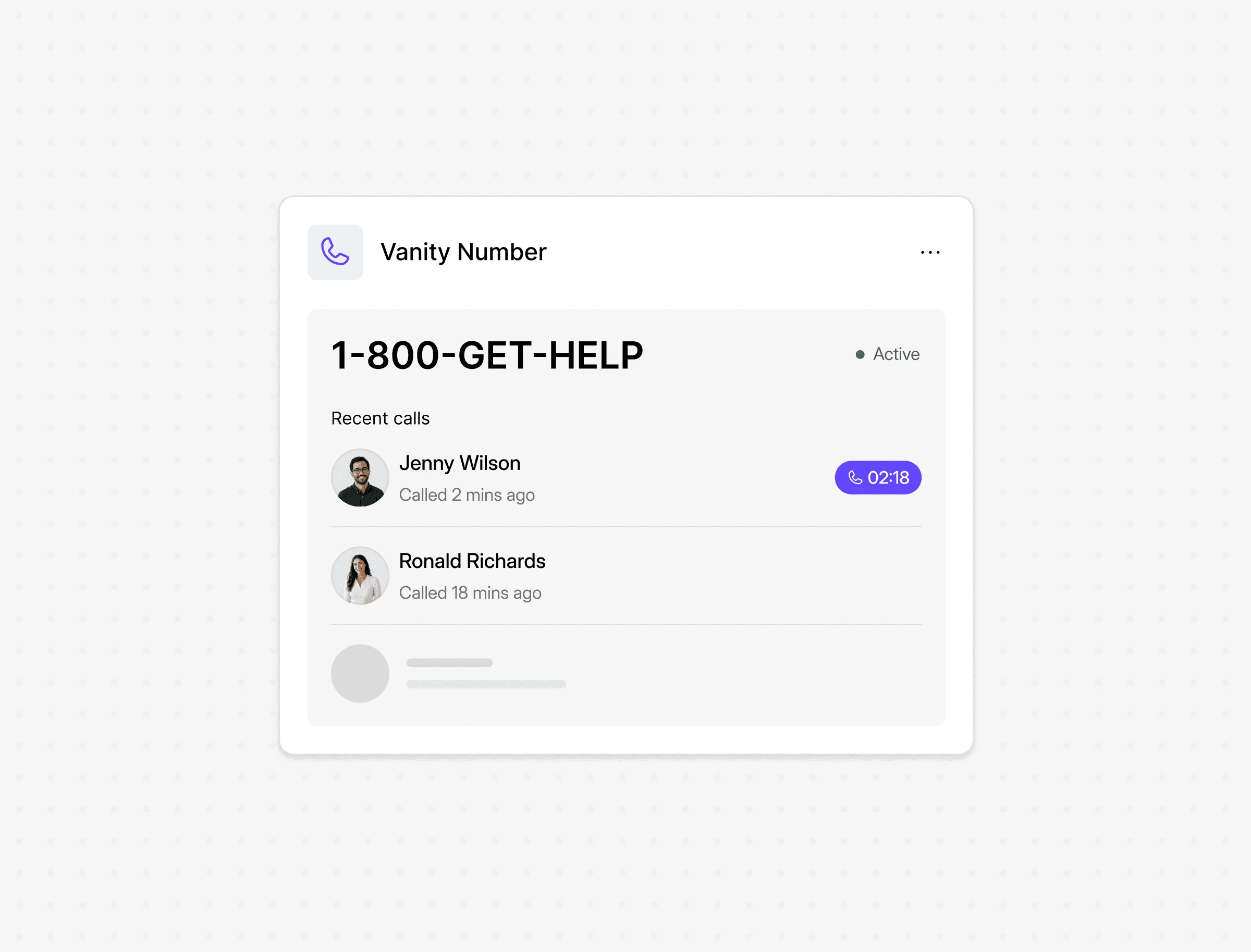 Dialbird vanity number showing an easy-to-remember business number shared with team members for customer calls.