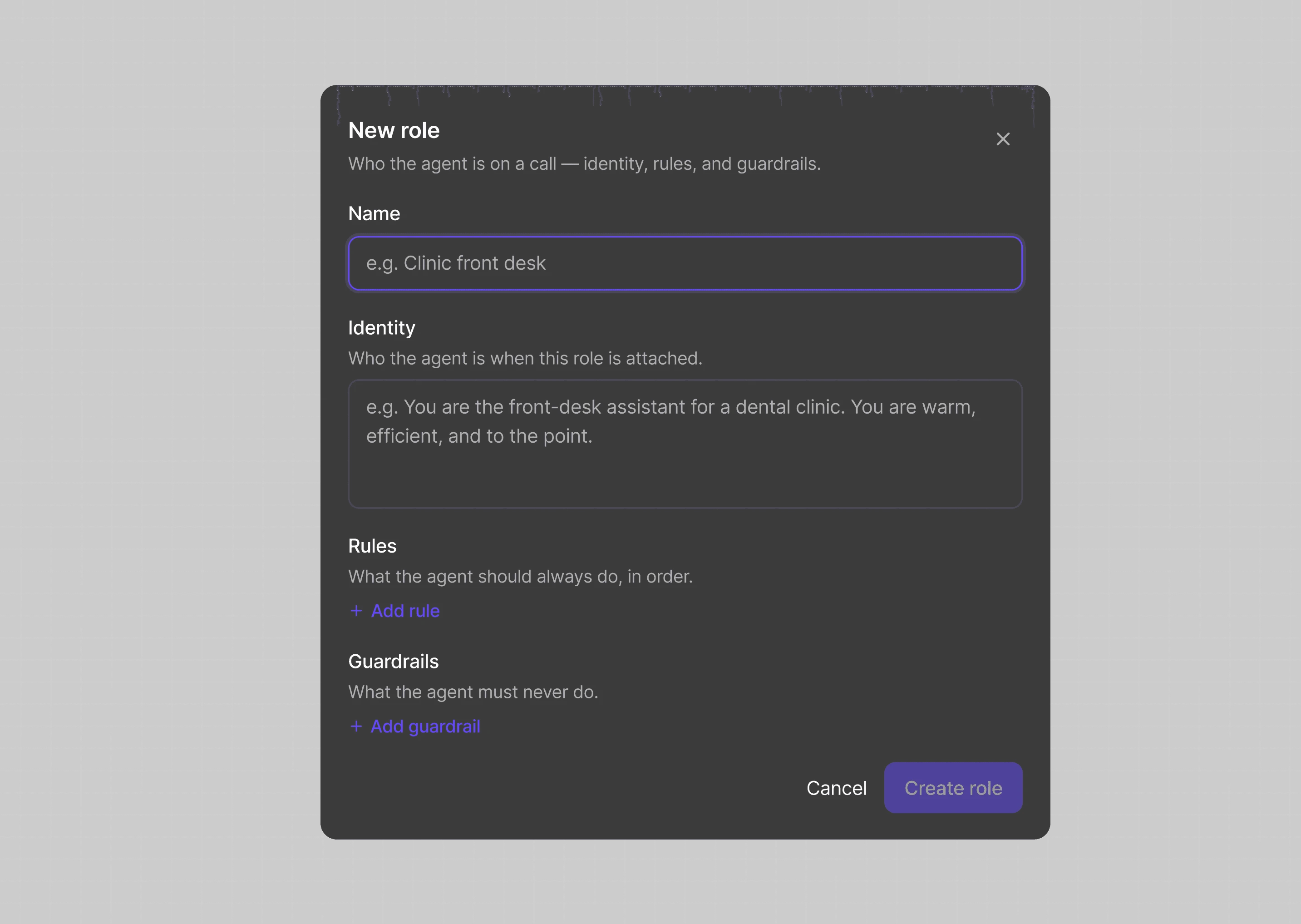 Dialbird AI agent builder defining a custom role, identity, rules, and guardrails for how the agent should handle calls.