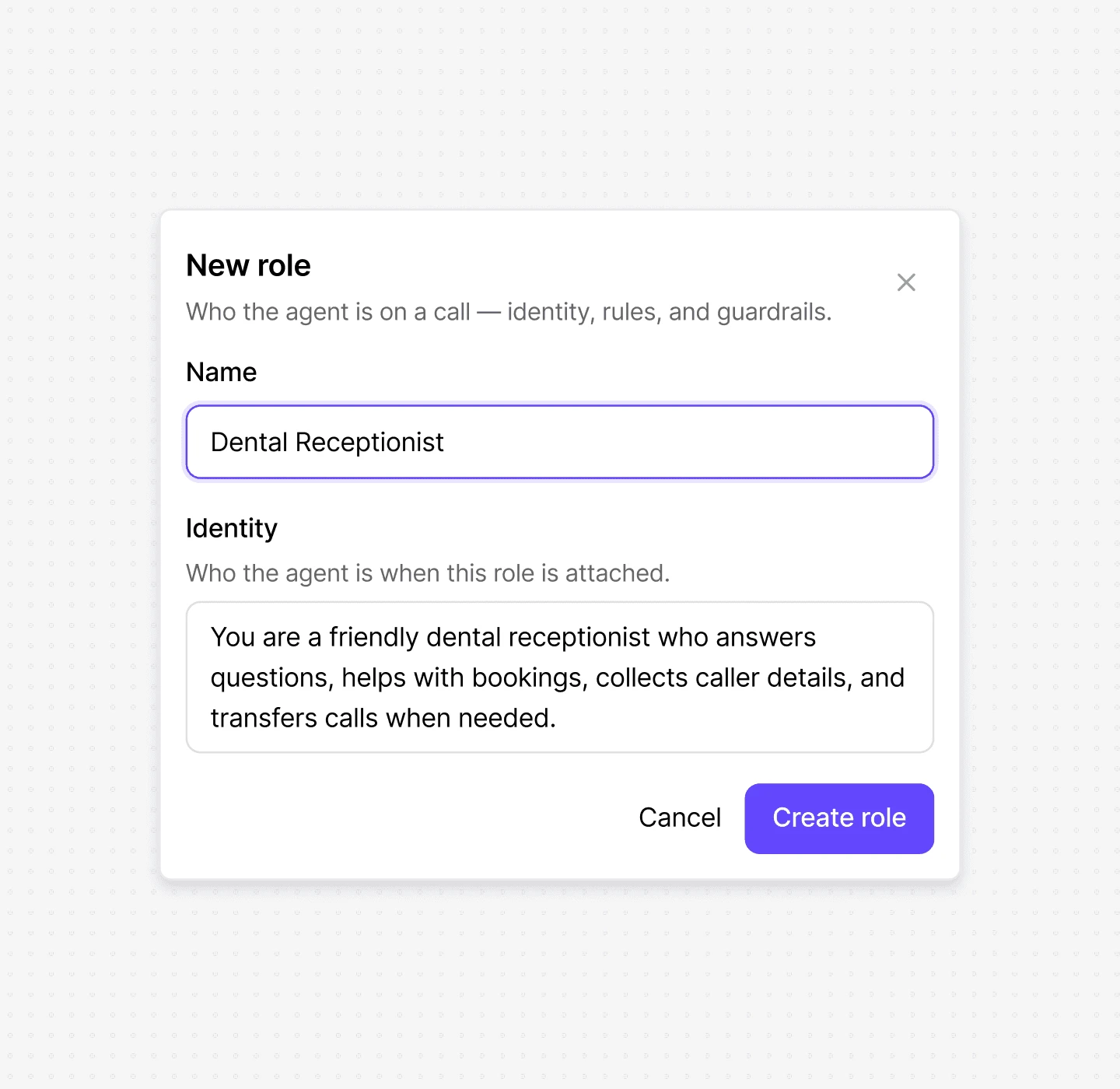 Dialbird AI Agent Builder creating a custom agent role with a name, identity, and responsibilities for handling customer calls