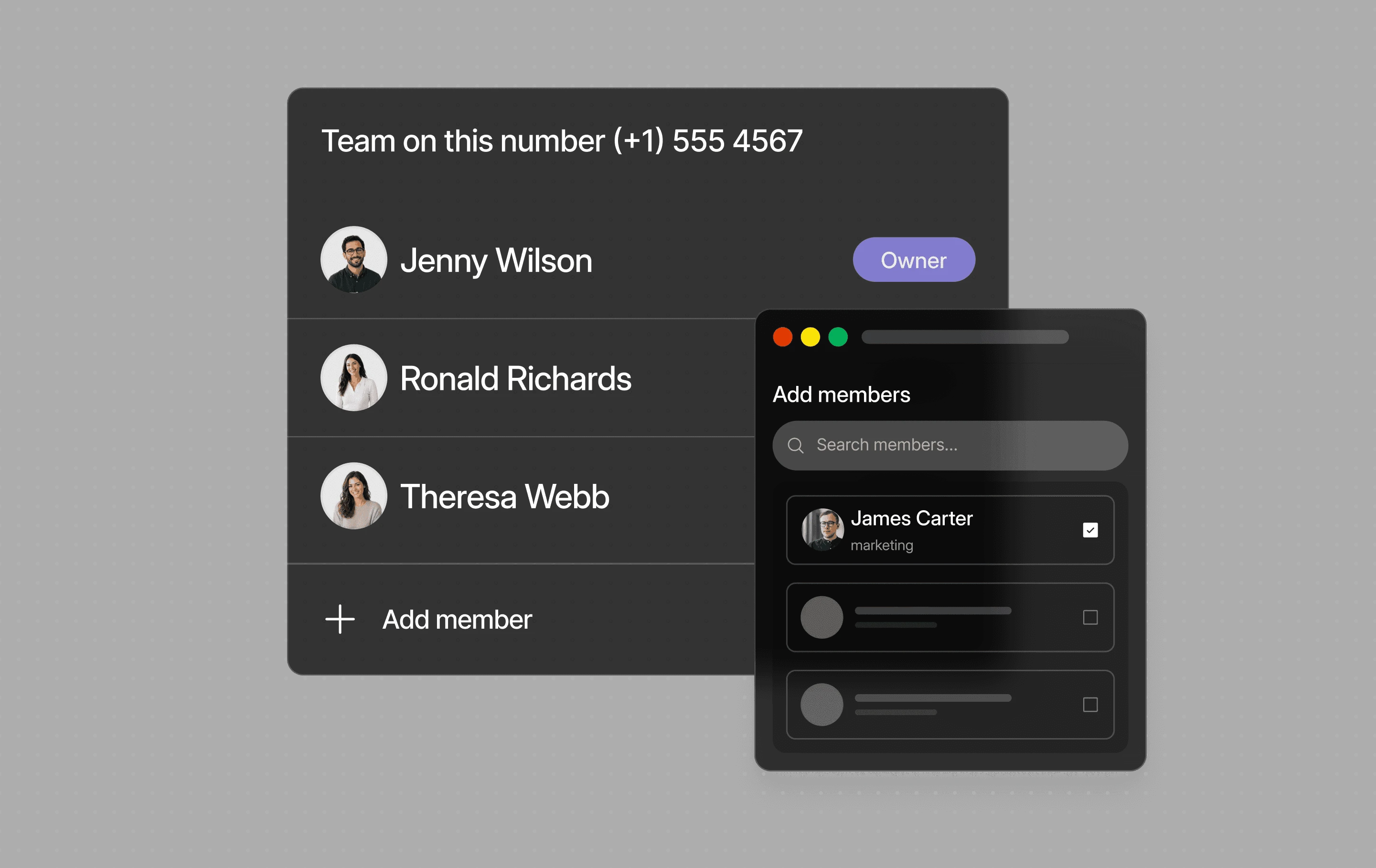 Dialbird local business number shared with multiple team members so they can handle calls and messages from the same number.