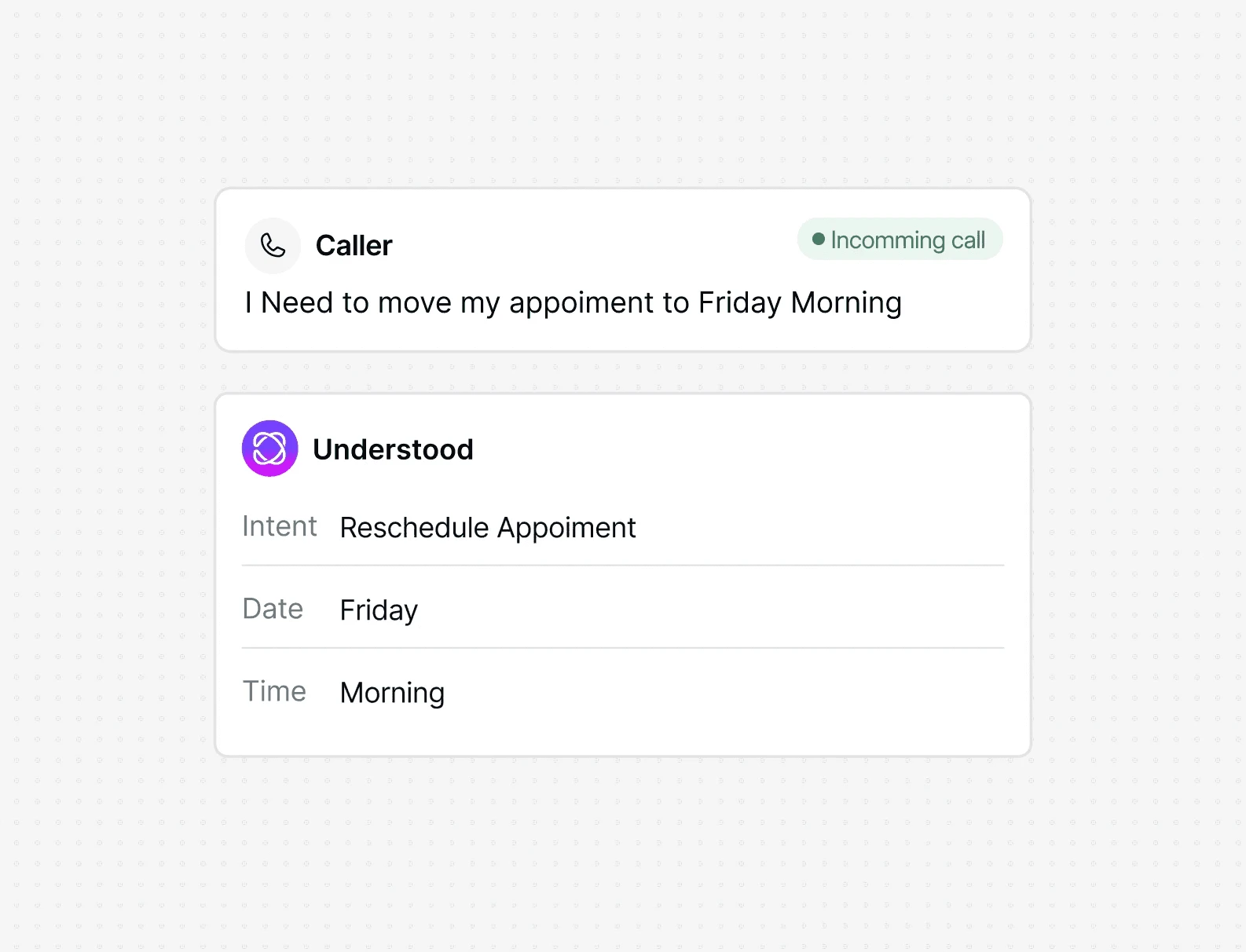 Dialbird AI identifying the caller’s appointment request, preferred date, and preferred time.