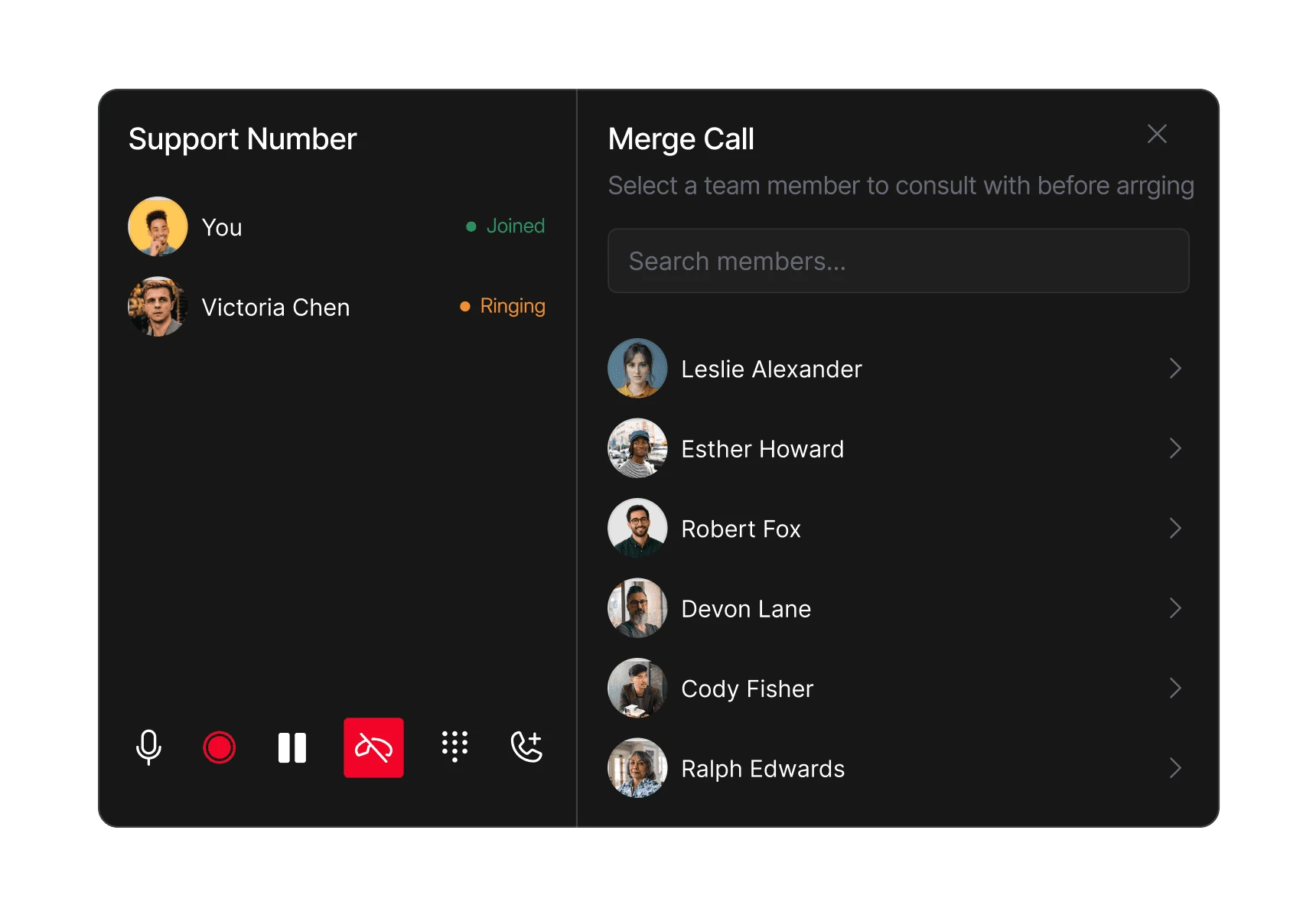 Dialbird business calling showing a live support call with options to merge and transfer the call to team members.