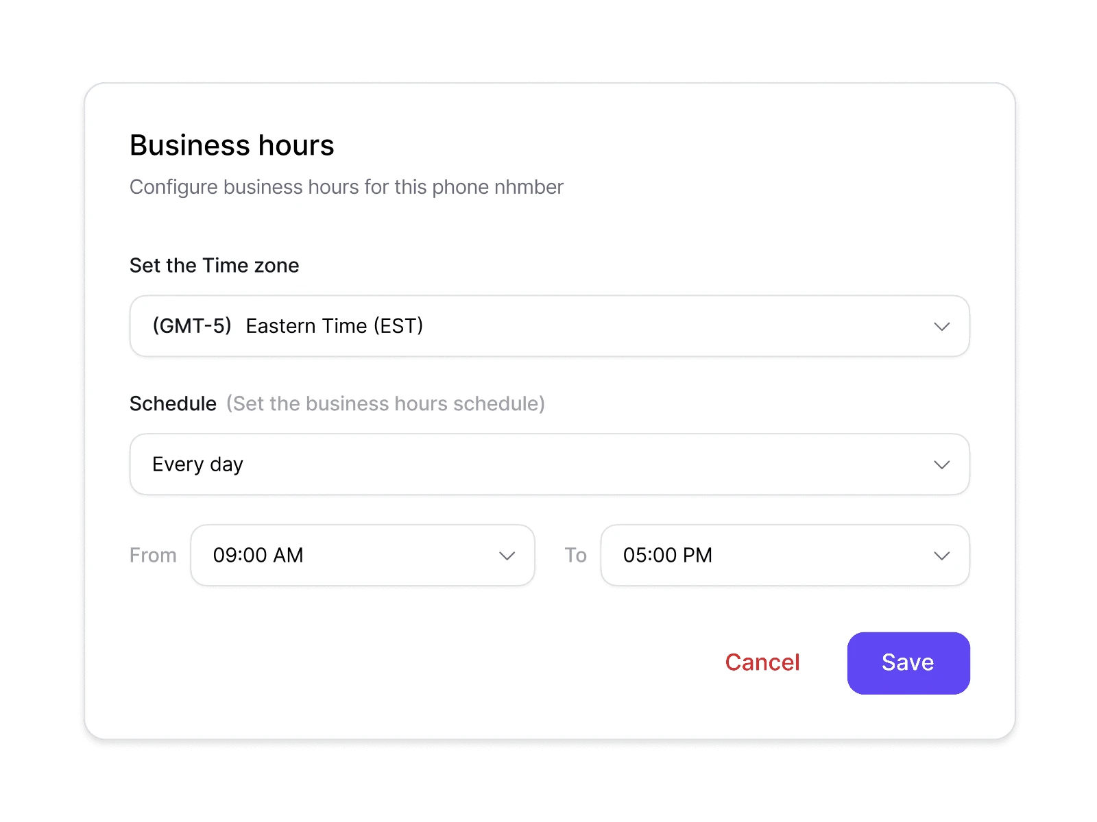 Dialbird business hours settings showing a phone schedule with time zone, days, and opening hours.