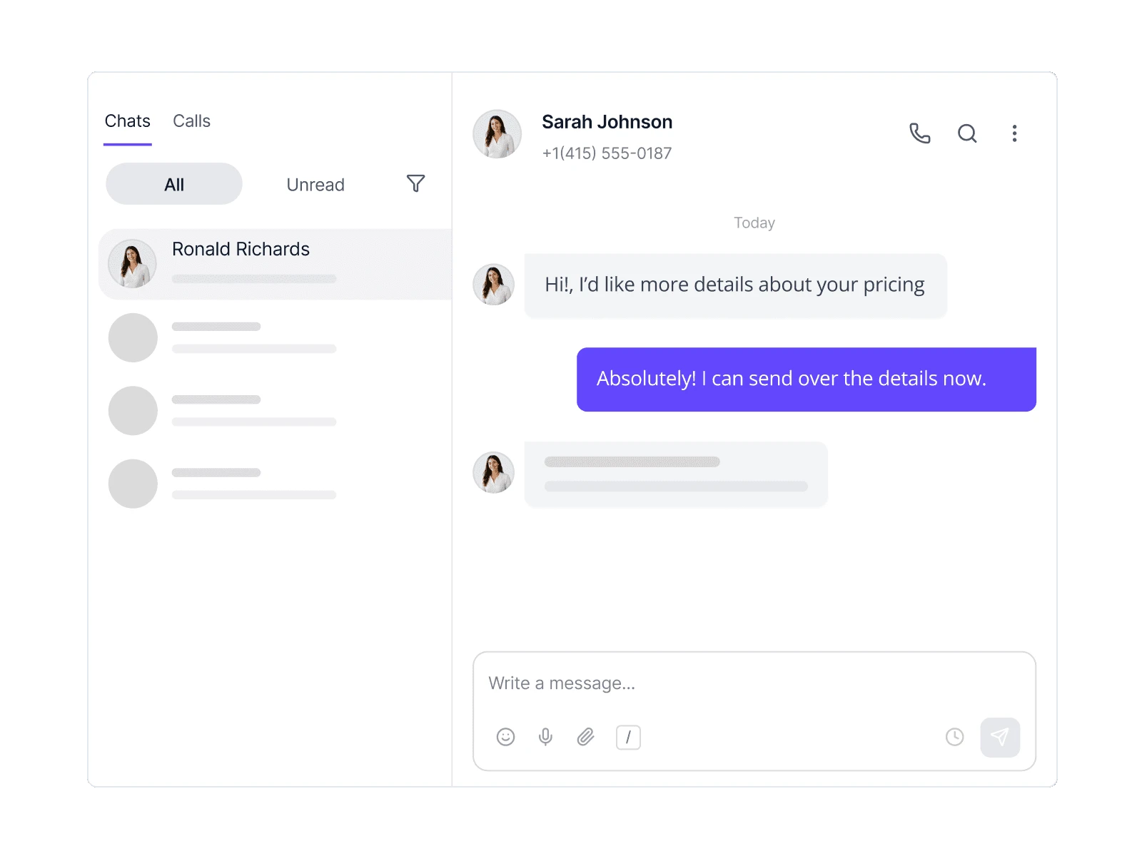 Dialbird business messaging showing a two-way customer conversation with chat, calls, and file sharing