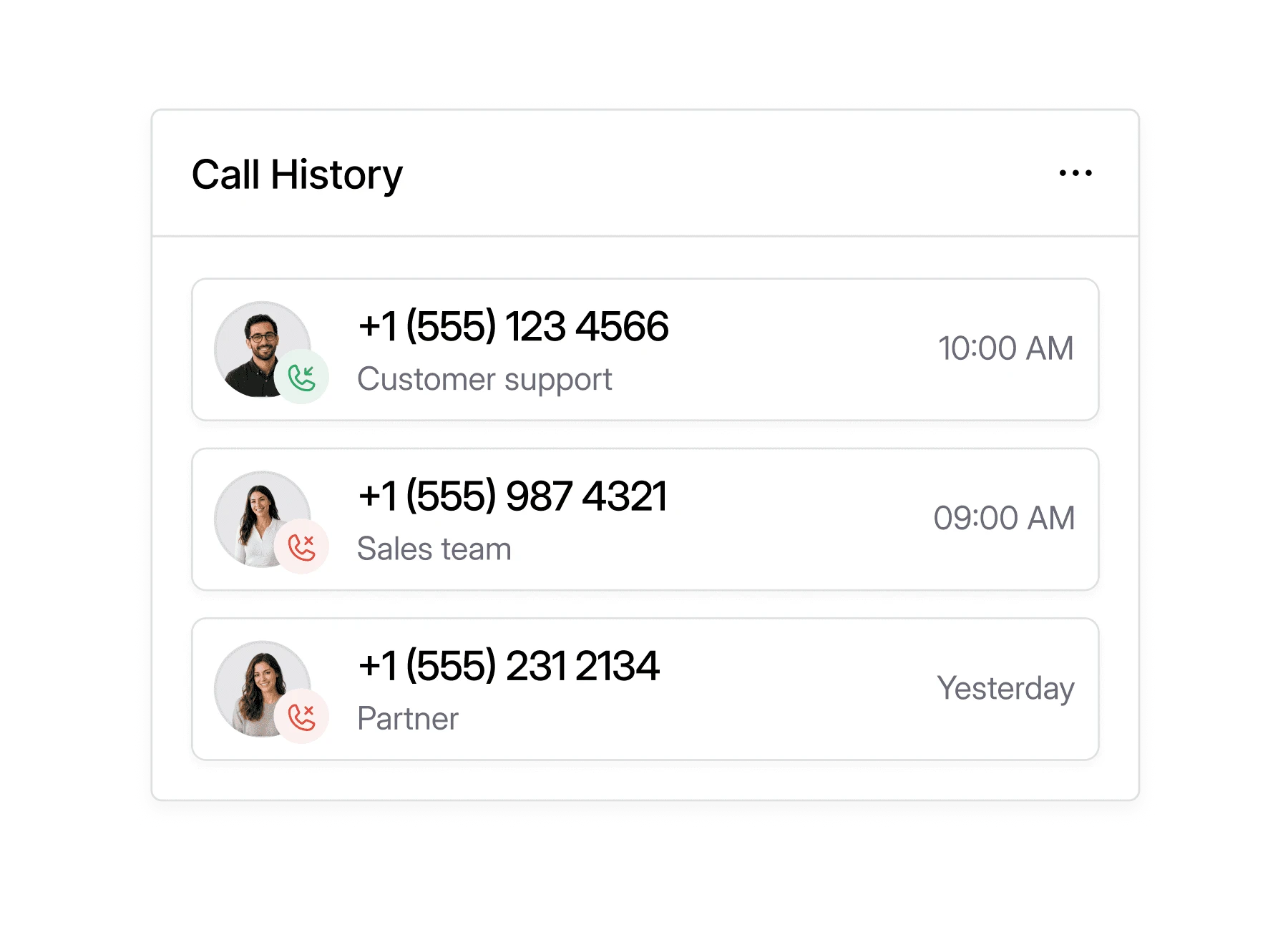 Dialbird call history showing recent business calls, contacts, teams, and call times.