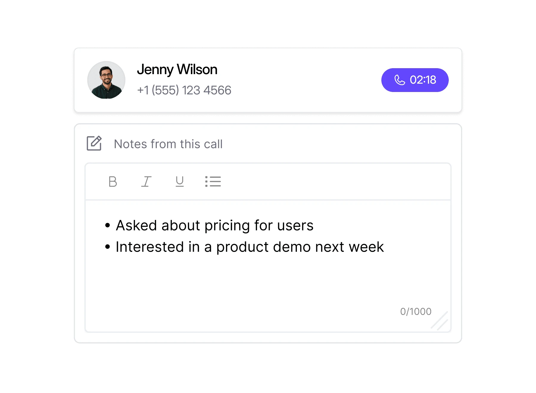 Dialbird call notes panel open during a live call, with bullet-point notes about the caller.