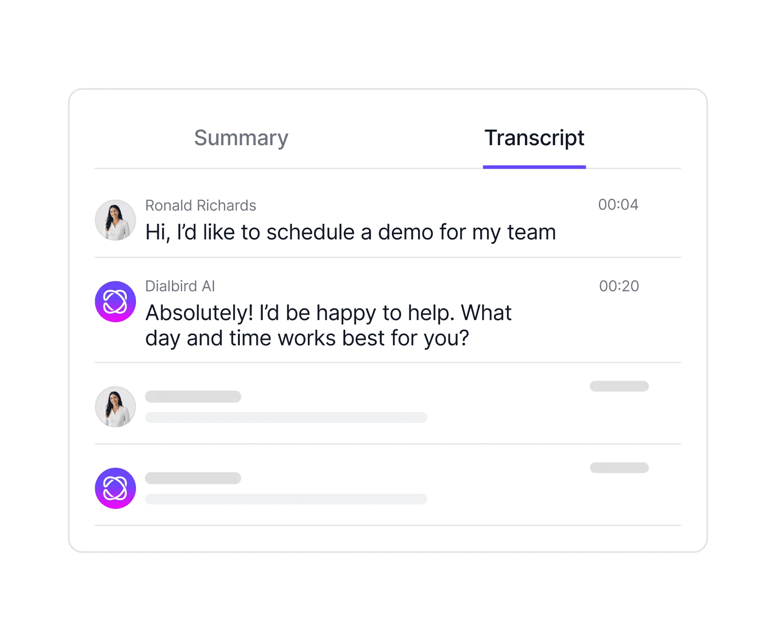 Dialbird call transcript showing a searchable conversation between a caller and an AI phone agent.