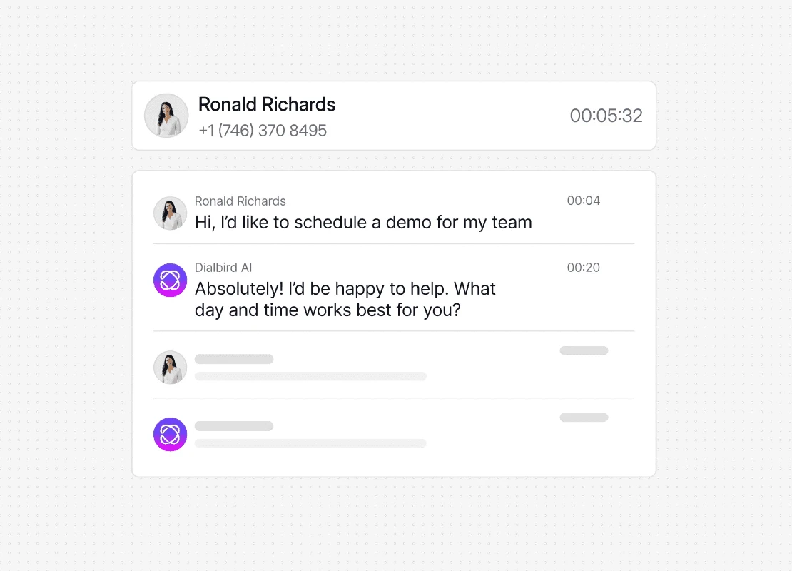 Dialbird call transcripts showing a searchable sales conversation so reps can review key details without replaying the full call.