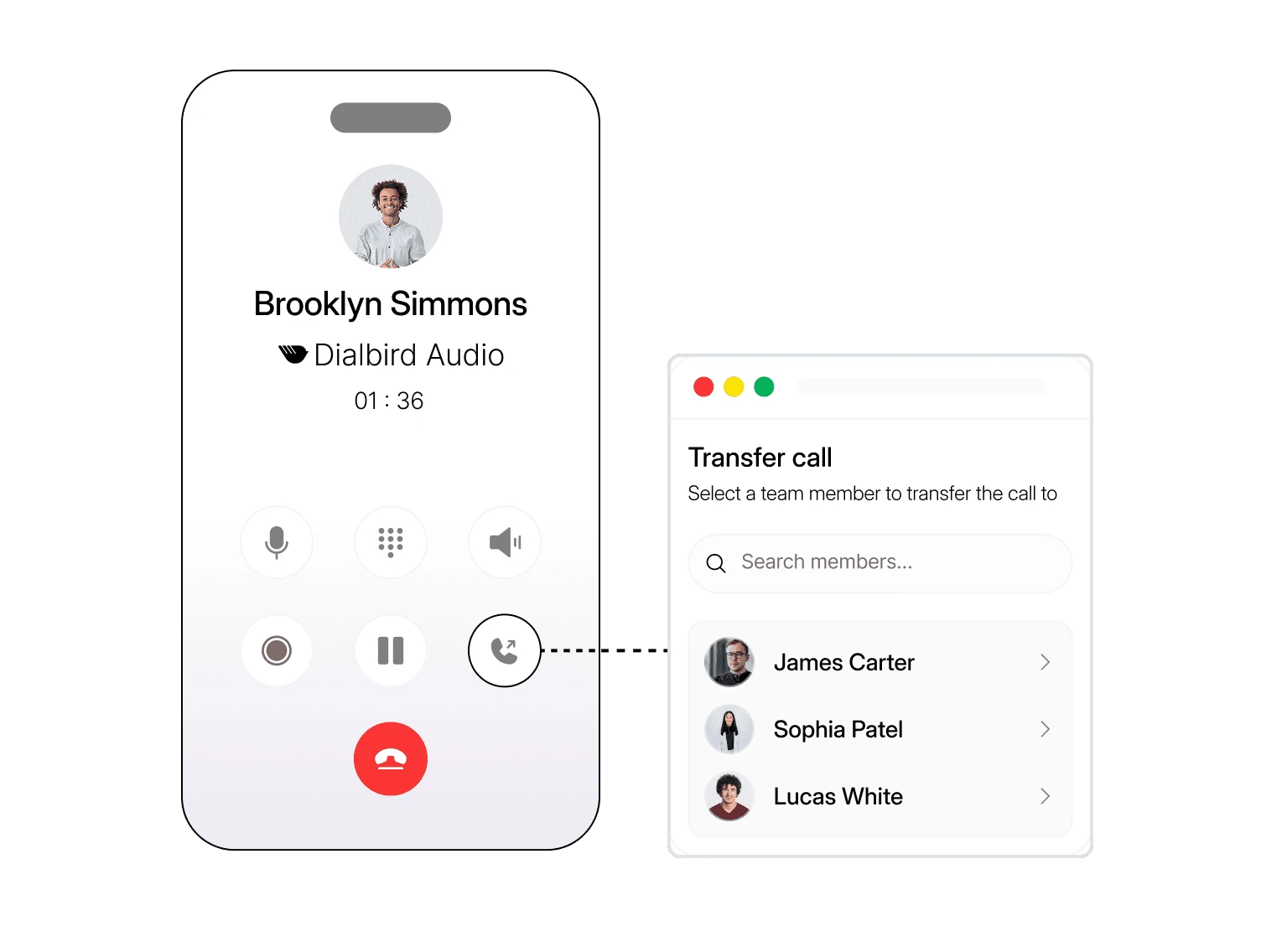 Dialbird transferring a live business call to the right team member from the active call screen.