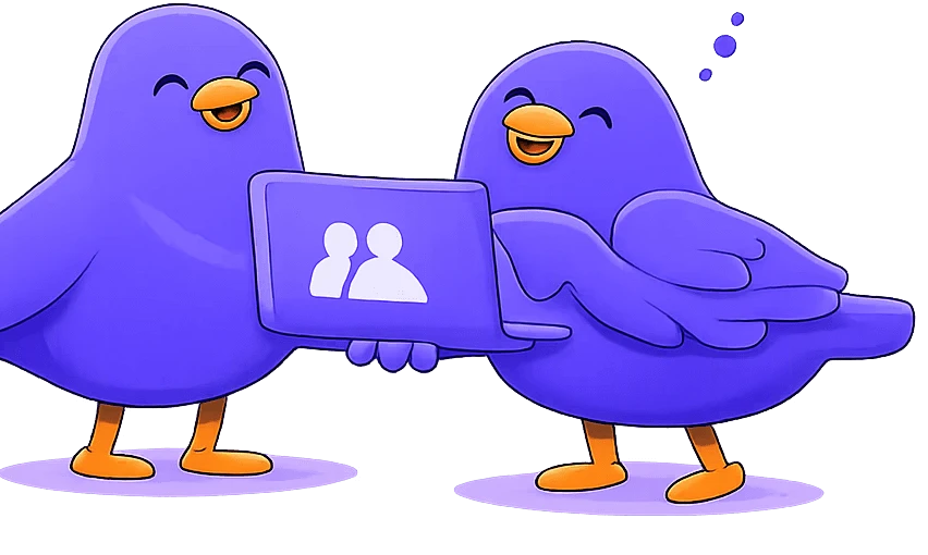 Purple bird mascots holding a card featuring a group of users icon for partnerships.