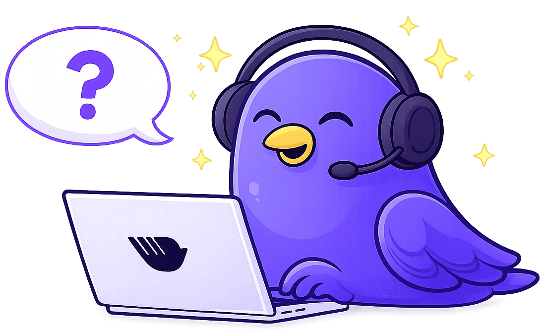 Purple bird customer support Dialbird mascot wearing a headset and working on a laptop.
