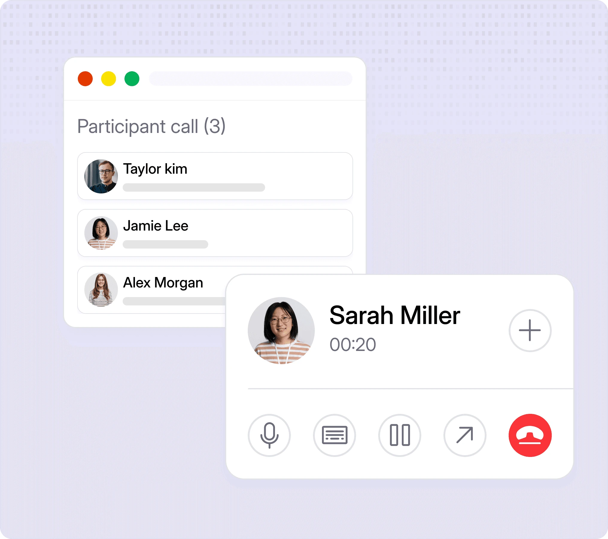 Dialbird conference calling showing multiple participants on one live call with controls to add, merge, or transfer teammates.