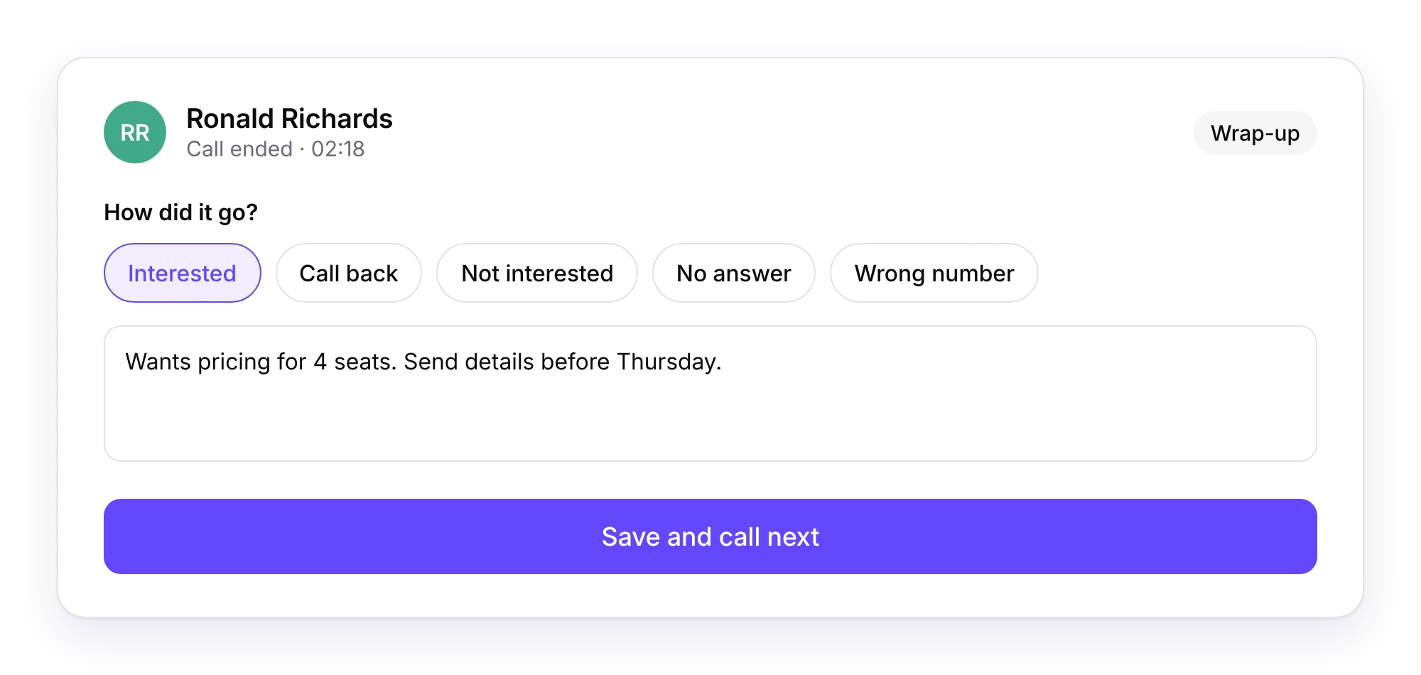 Dialbird power dialer after a call, with outcome options, call notes and a button to save and call the next contact.