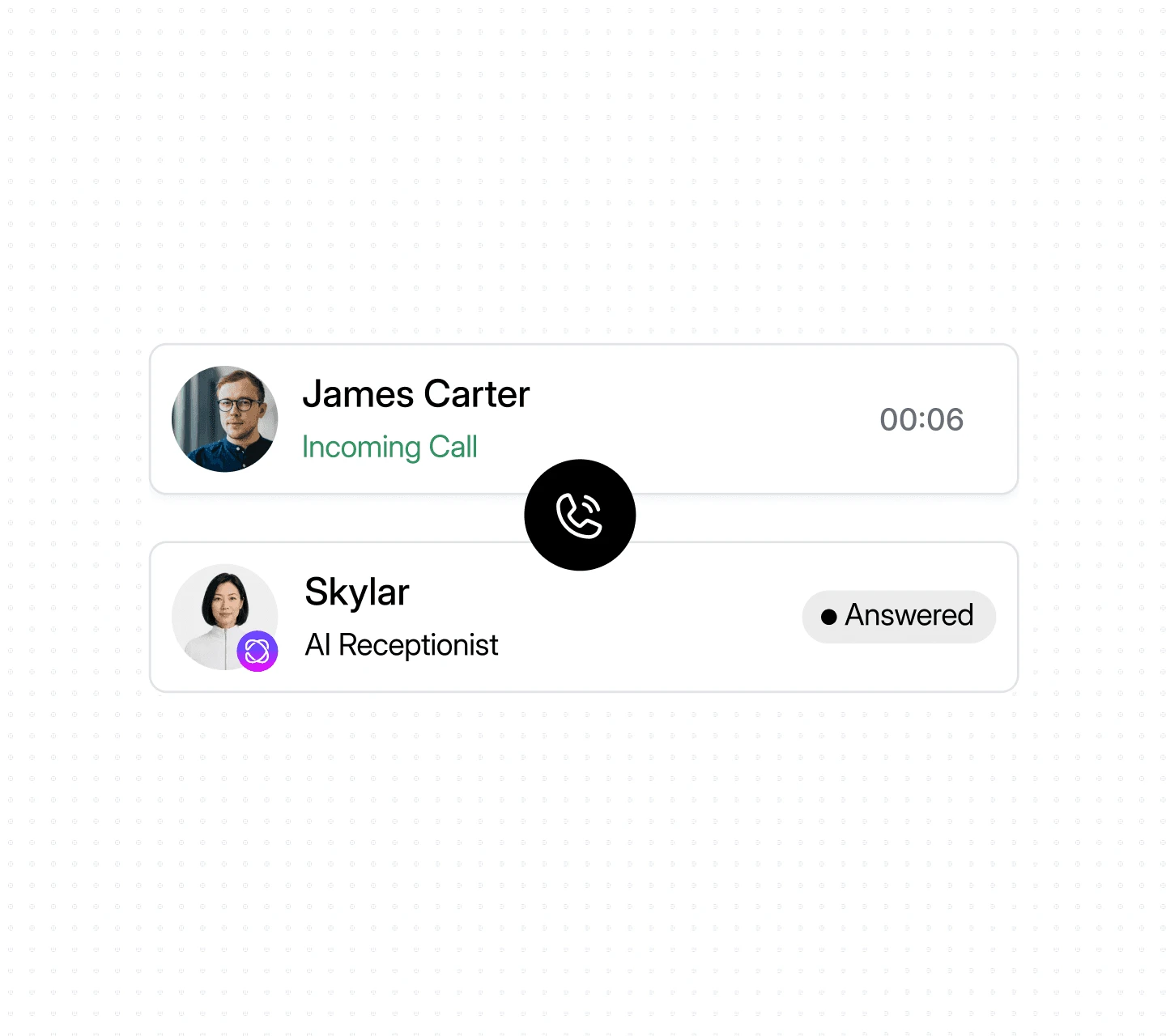 Dialbird AI Receptionist answering an incoming customer call automatically when the team is busy or unavailable.