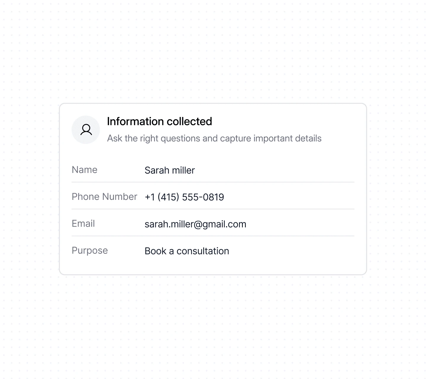 Dialbird AI Receptionist collecting caller names, contact details, and enquiry information during the conversation.