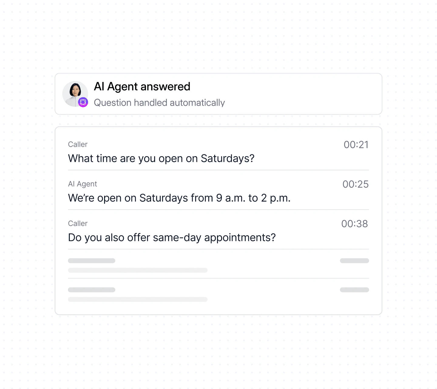 Dialbird AI Receptionist answering common customer questions about business hours, services, pricing, and availability.