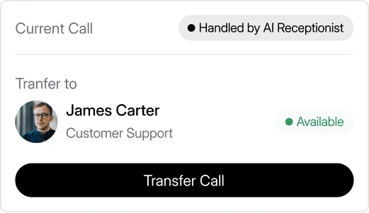 Dialbird AI Receptionist handling a live customer call and transferring it to an available customer support team member.