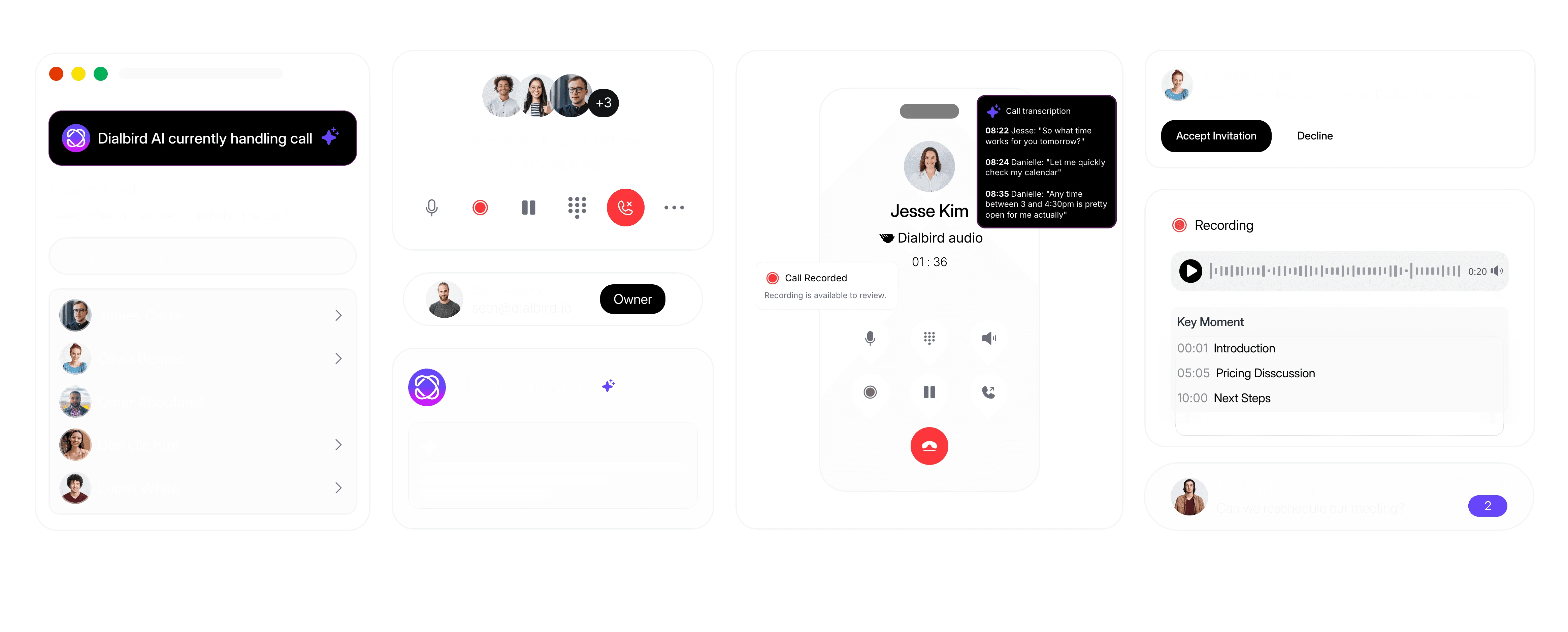 Dialbird app with AI handling a live call and transferring the call to a team member through conference calling