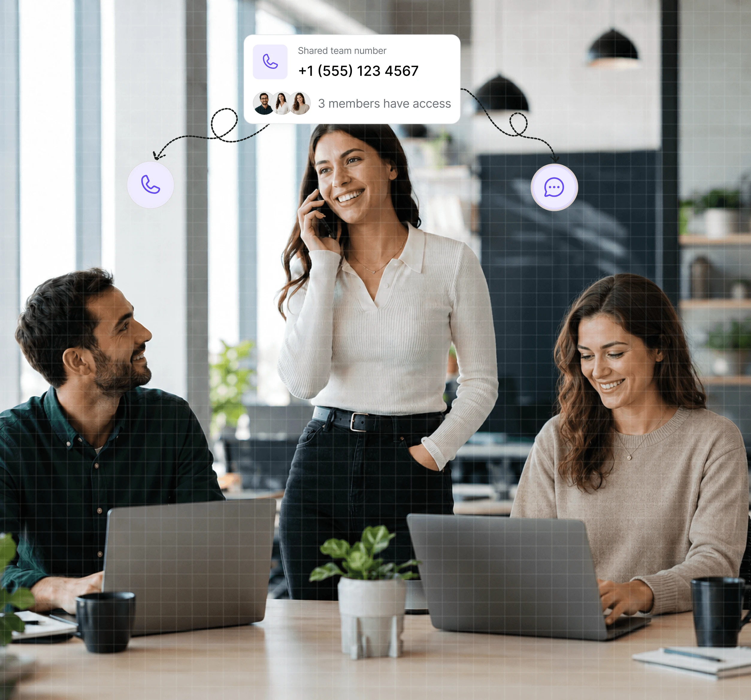 Dialbird shared phone number showing multiple team members handling calls and messages from the same business number.
