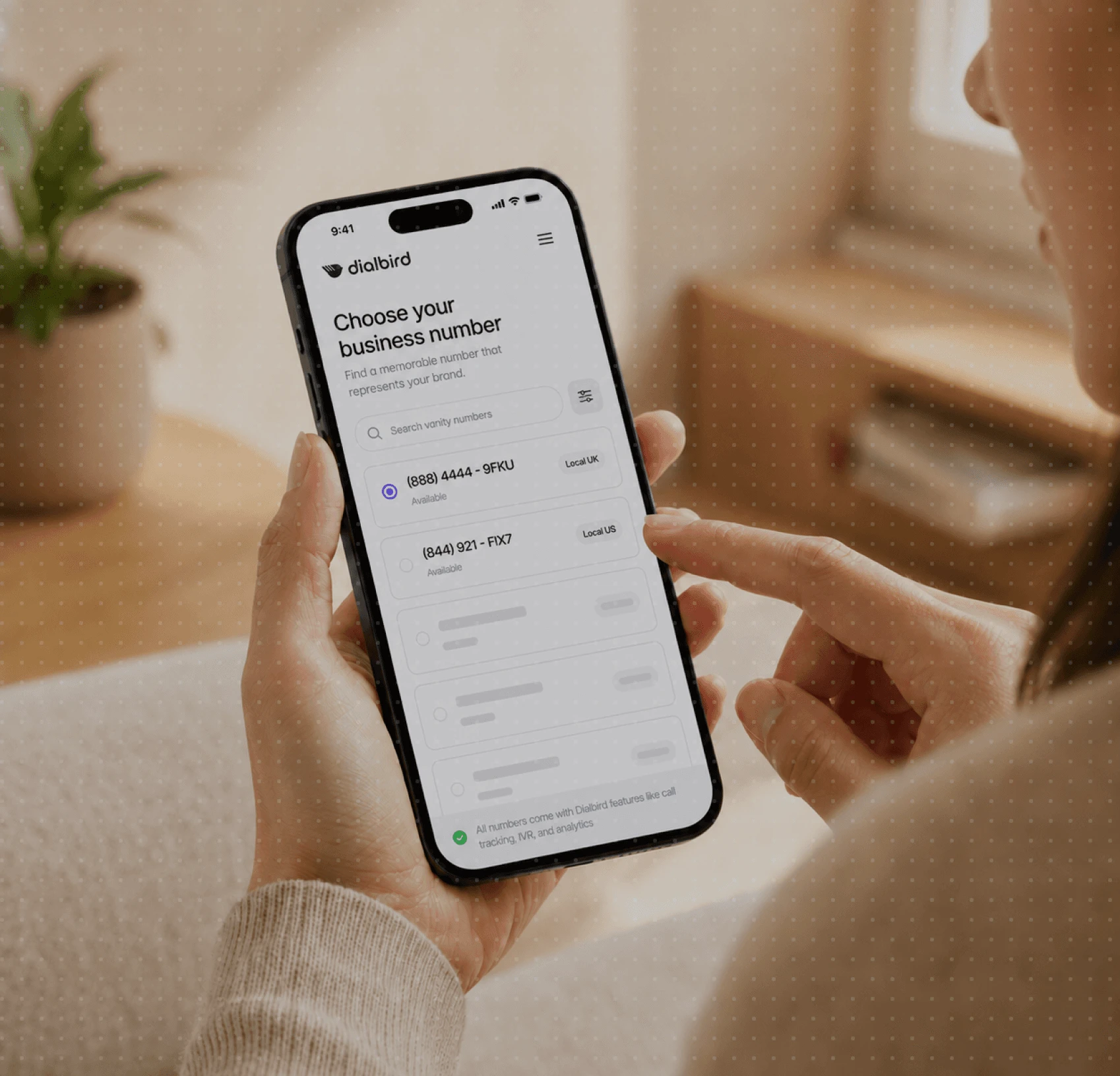 Dialbird vanity business number showing a memorable custom phone number on mobile for easier customer recognition and contact.