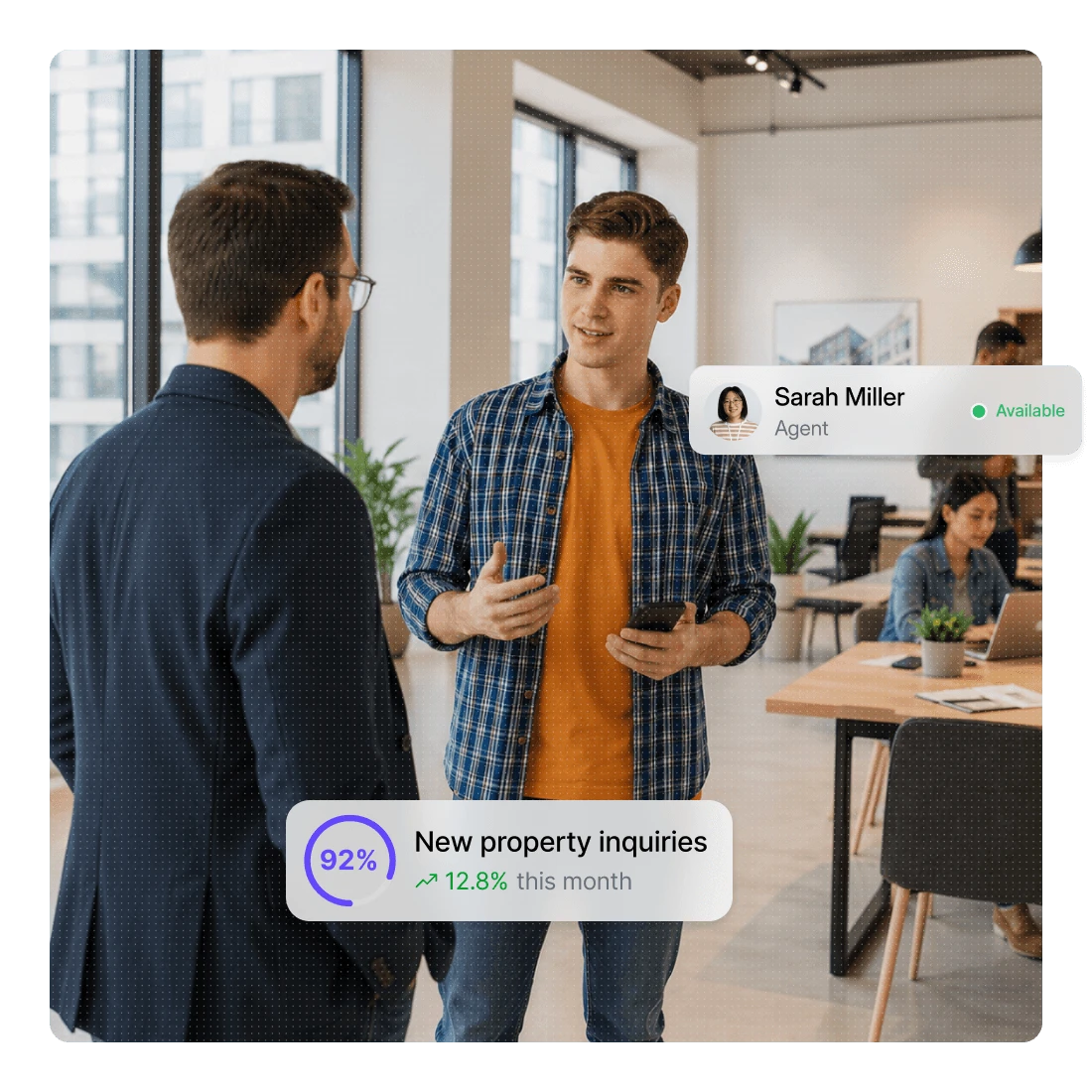 Dialbird real estate phone system showing a property enquiry, an available agent, and lead activity handled from one shared workspace.