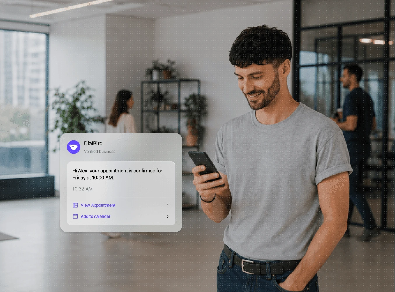 Dialbird RCS messaging showing a customer receiving a rich business message with appointment details, images, and interactive actions.