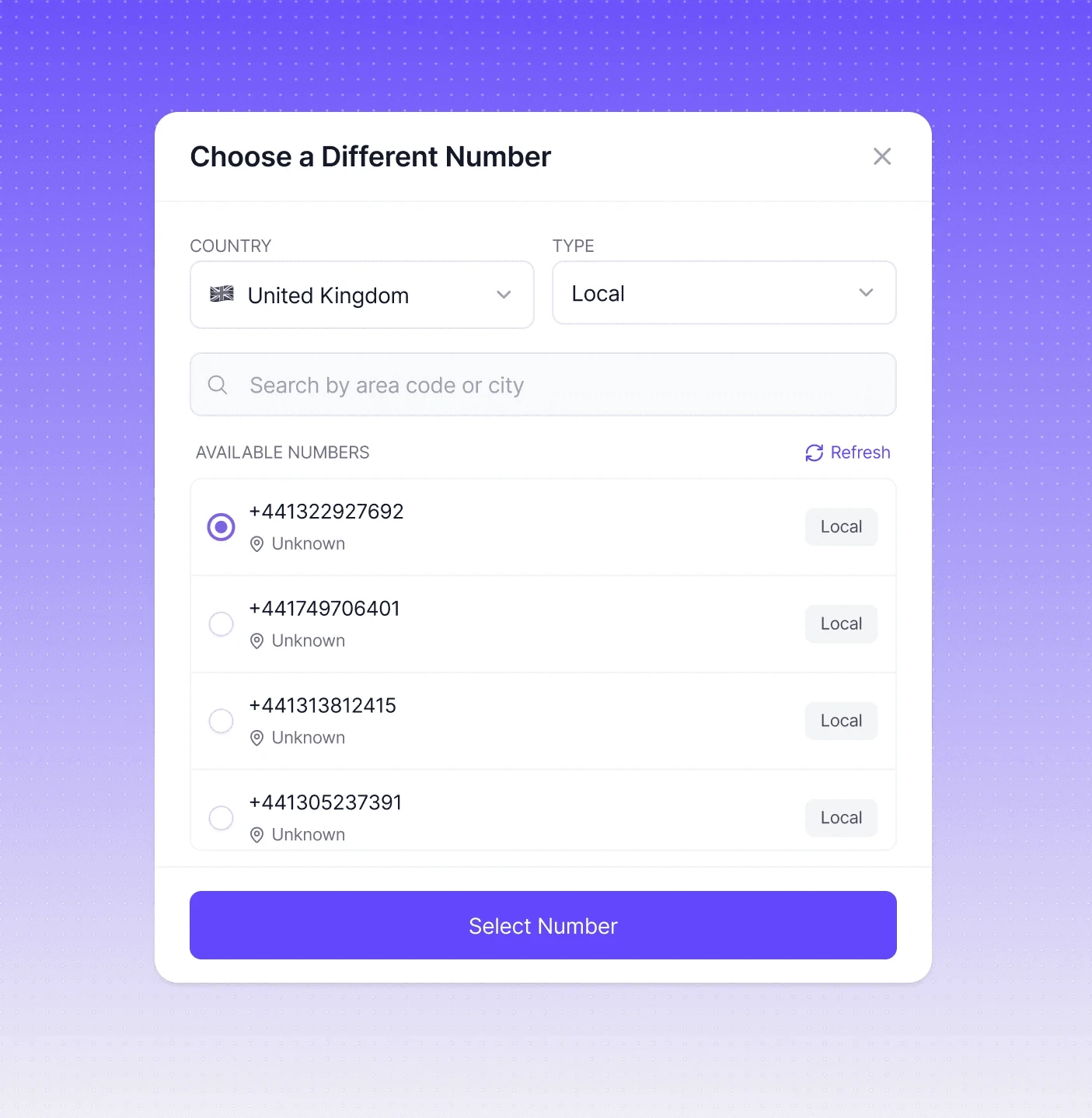 Dialbird local number setup showing how a business can choose a local phone number by area and manage it from one platform.
