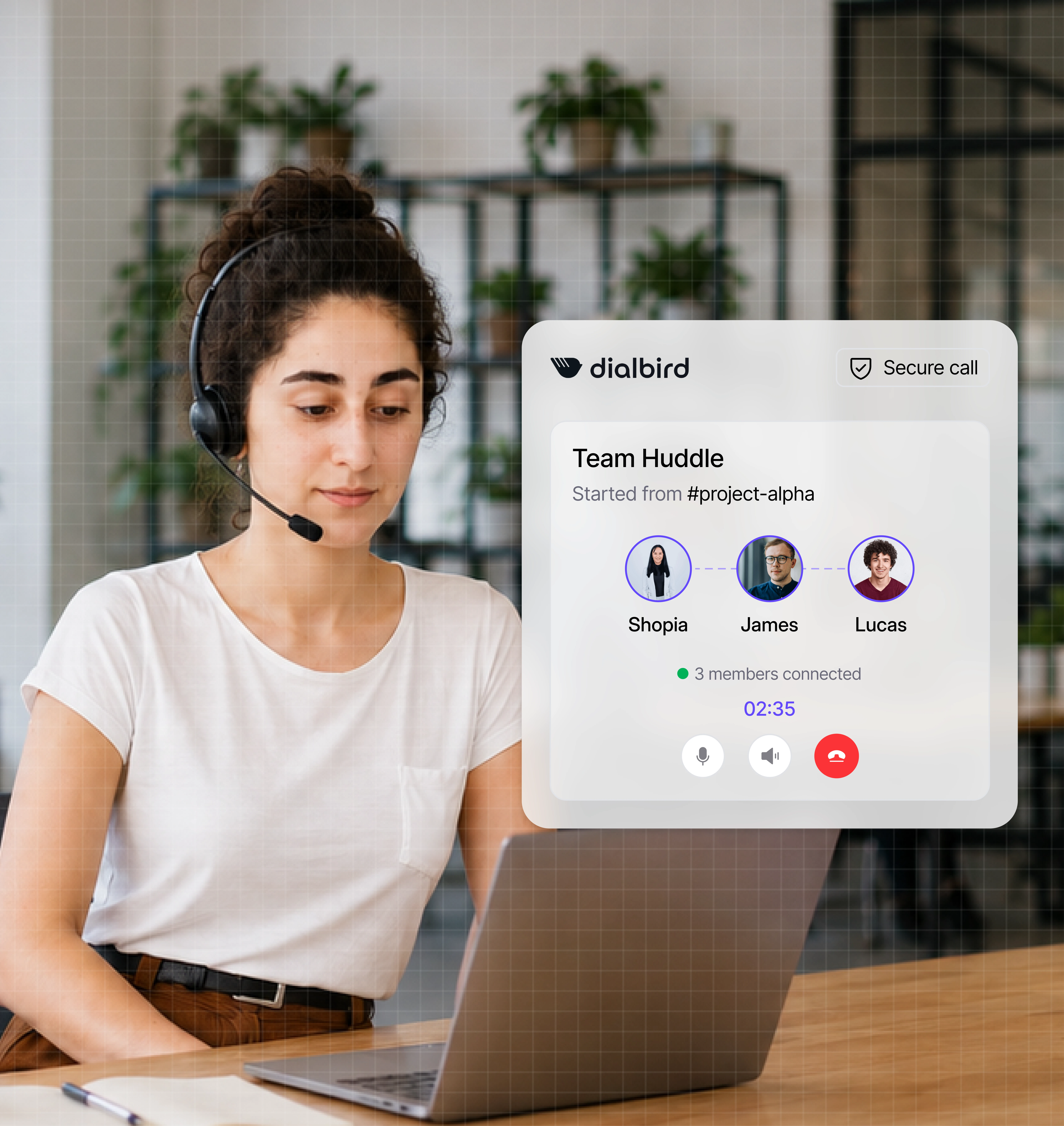 Dialbird Team Huddle showing teammates joining a live internal audio call without leaving the Dialbird workspace.