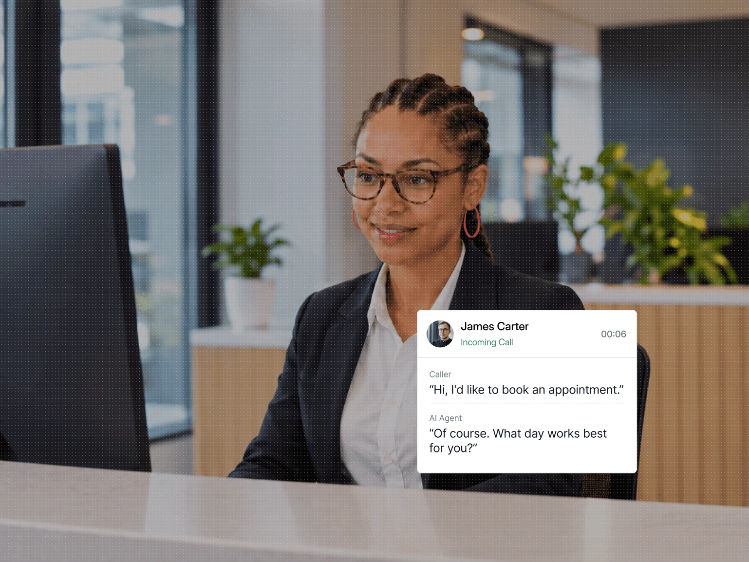 Dialbird AI Receptionist answering a live customer call, understanding an appointment request, and guiding the caller through booking.