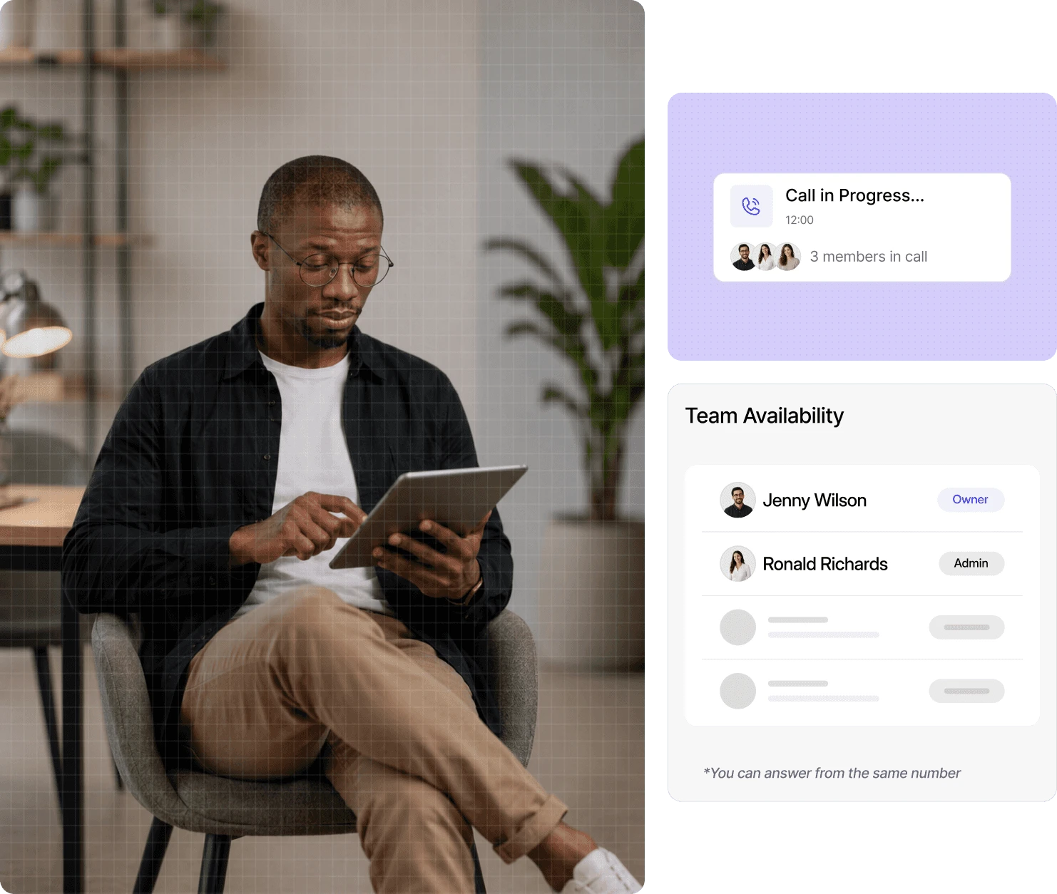 Dialbird business phone system showing a live team call, shared number access, and team availability across the workspace.