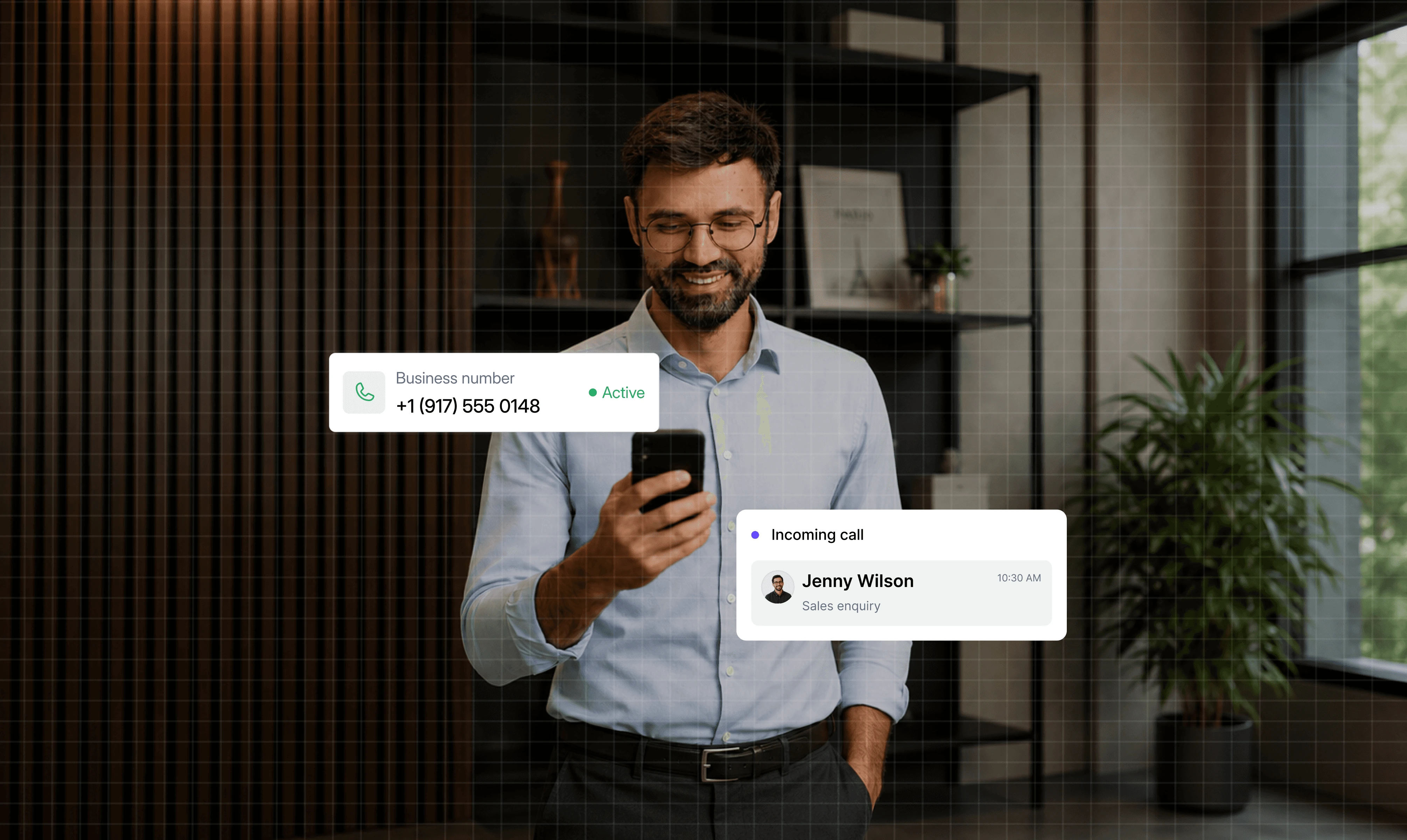 Dialbird mobile business number showing an active incoming call and a dedicated business line used from a personal mobile device.