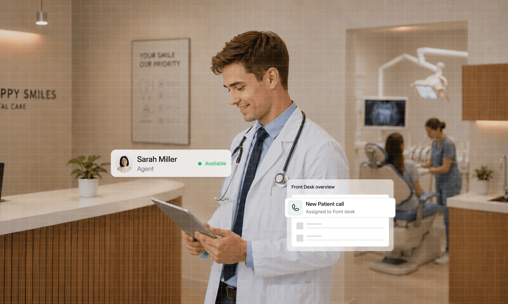 Dialbird dental phone system showing a patient call assigned to the front desk with team availability and call routing information.