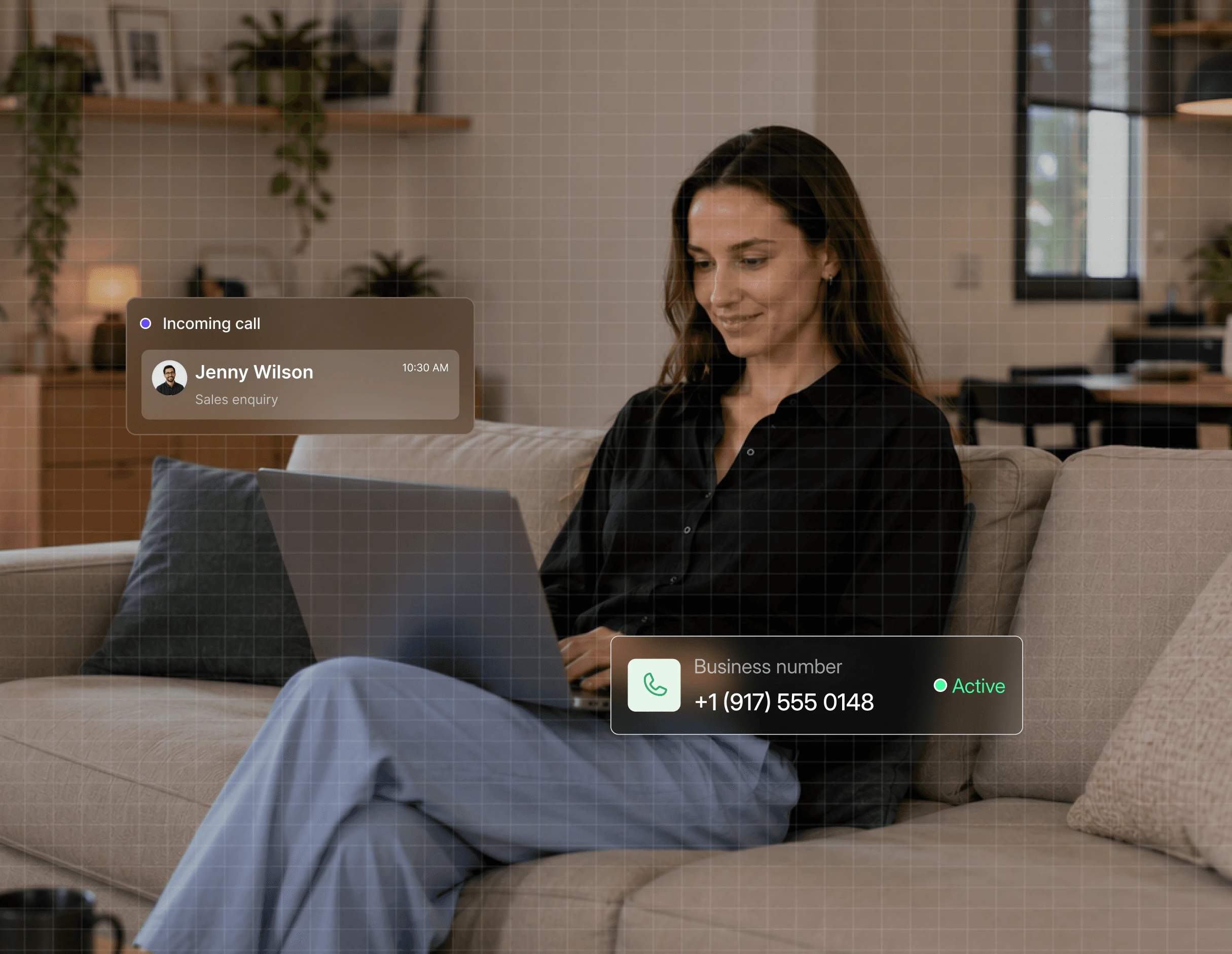 Dialbird remote team phone system showing a teammate handling customer conversations from home with shared call and message access.