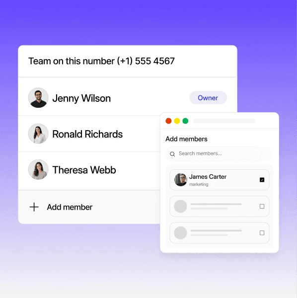 Dialbird shared phone number setup showing how to add team members and give them access to handle calls and messages.